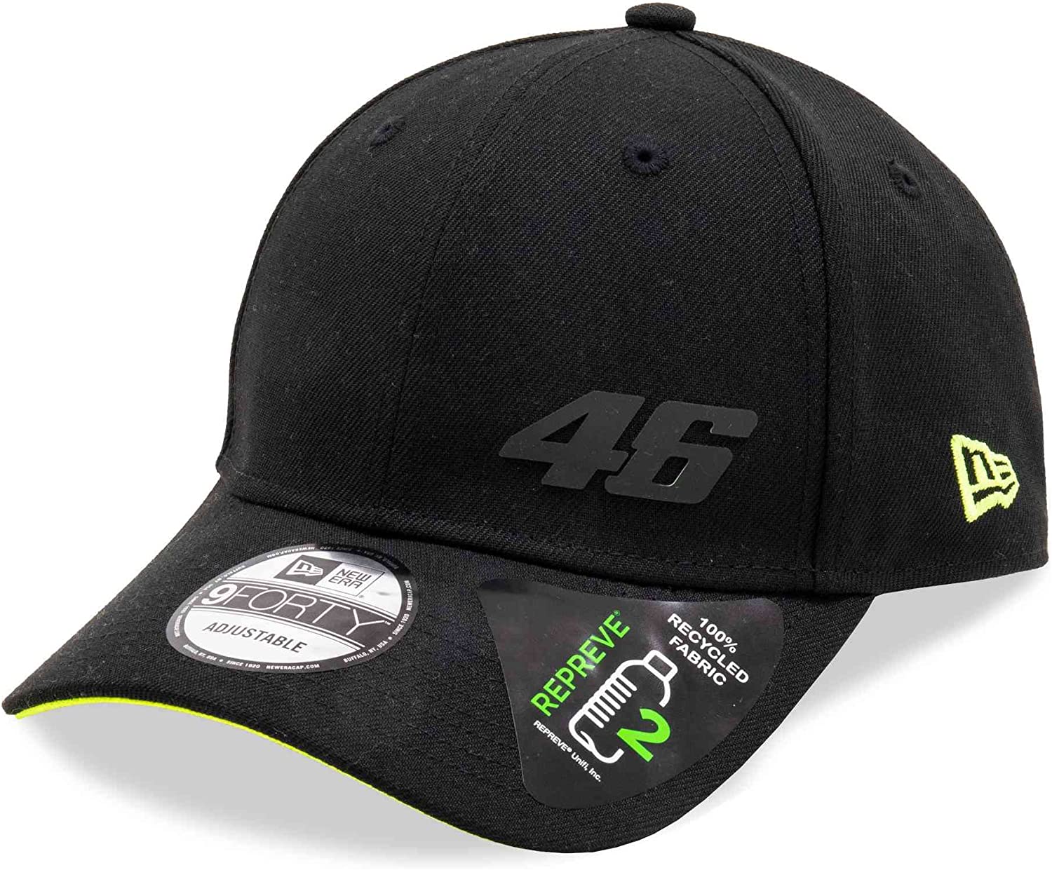 VR46 New Era 9Forty Adjustable Baseball Cap - Repreve Recycled Black Snapback Hat for Men & Women - Perfect for Motorcycle Racing Fans, Casual Wear & Outdoor Sports