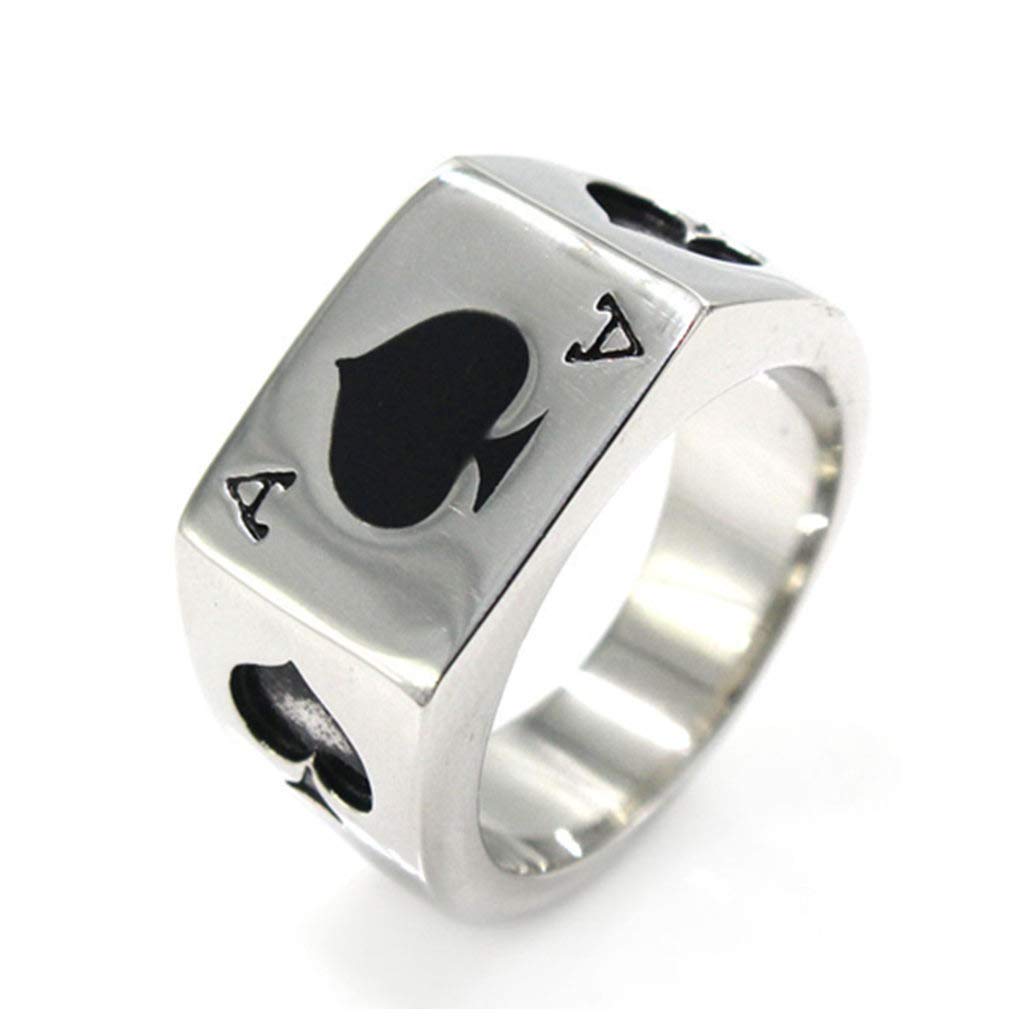 Men's Stainless Steel Spade Ace Rings - Silver & Black Enamel Poker Card Square Band (Sizes 7-13) | Perfect for Casino Nights, Poker Games & Gothic Fashion