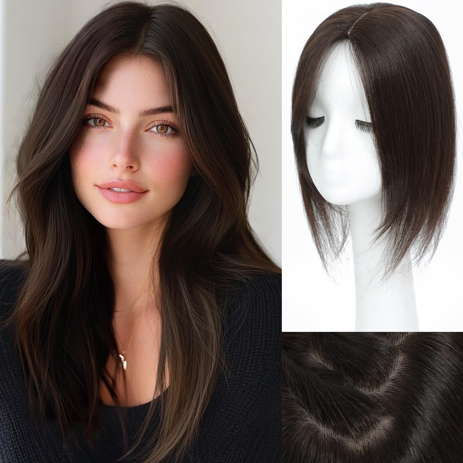 360° 3D Human Hair Toppers for Women - Real Human Hair Clip-In Bangs with Thinning Upgrade - Middle Part Hairpiece for Daily Use (Medium Dark Brown, 14 Inch) - Perfect for Thinning Hair Coverage & Natural-Looking Hairstyles