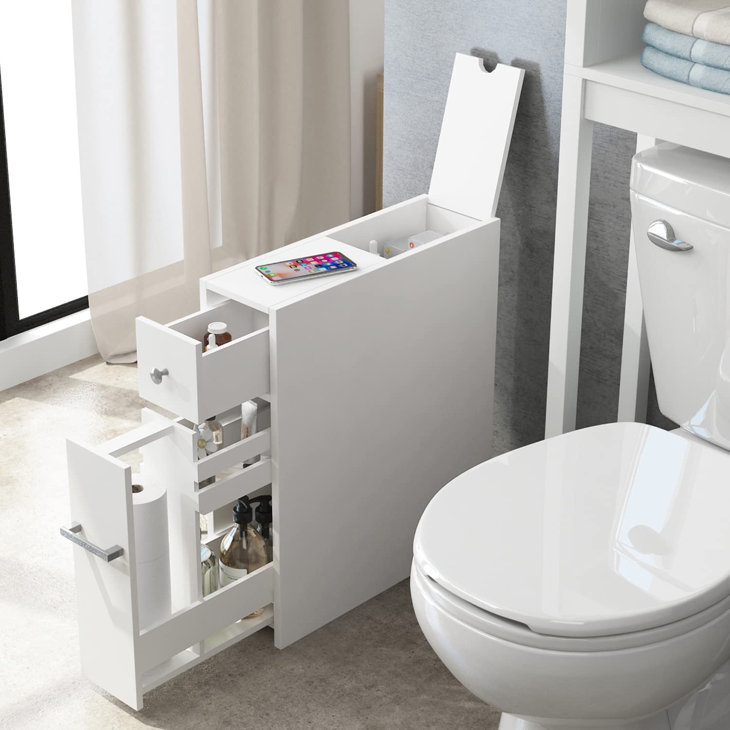 Slim Bathroom Storage Cabinet with Drawer - White for Toilet Paper & Essentials