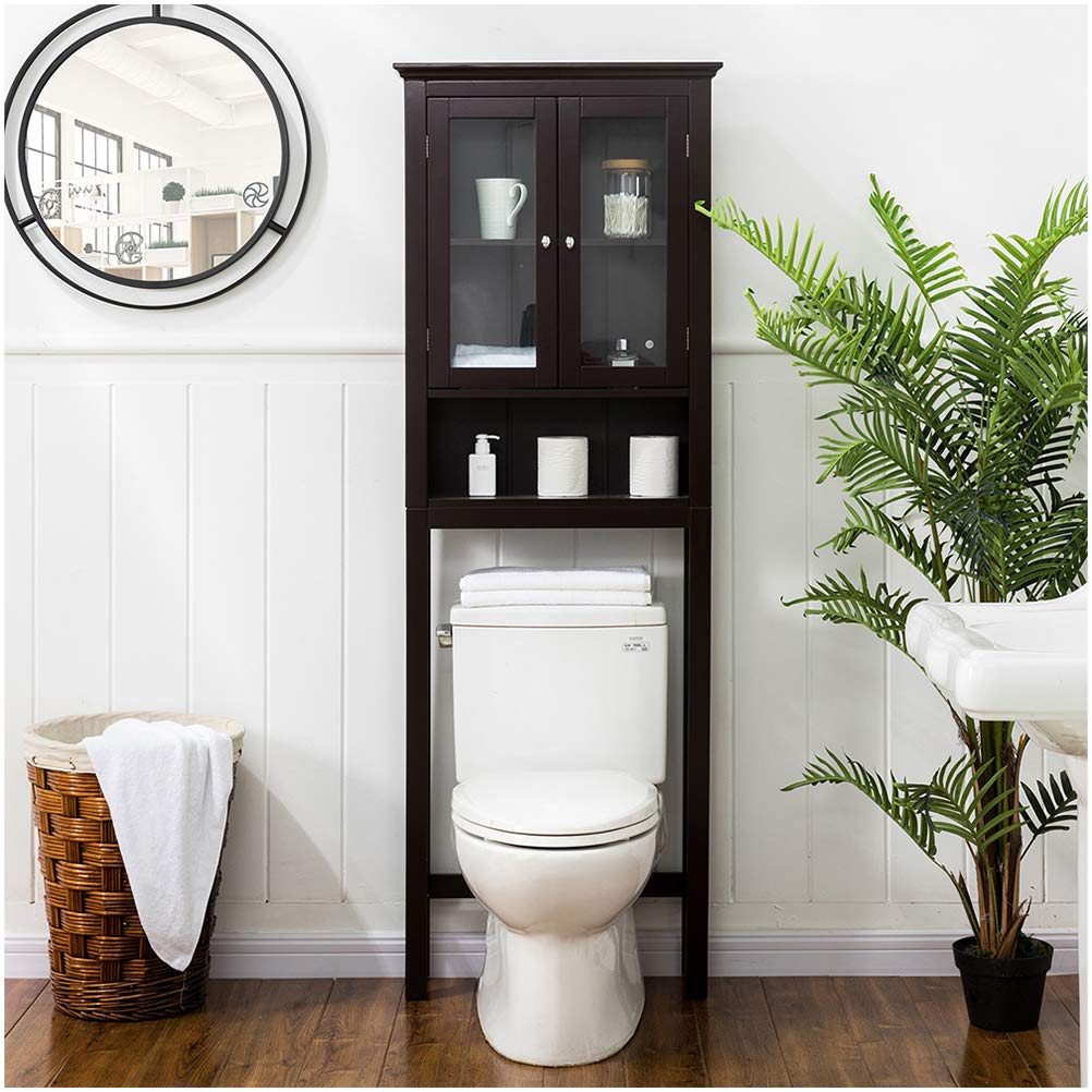 Glitzhome Wooden Bathroom Storage Cabinet - Free Standing Organizer with Glass Double Doors & Adjustable Shelves - Perfect for Bathroom, Bedroom, or Laundry Room Organization
