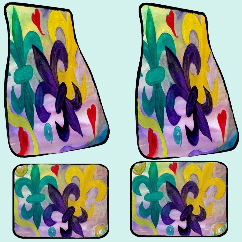 Premium Mardi Gras Fleur De Lis Car Floor Mats Set of 4 - All-Weather Front Floor Liners for Cars, SUVs & Trucks - Perfect for New Orleans Festivals, Parades and Themed Parties