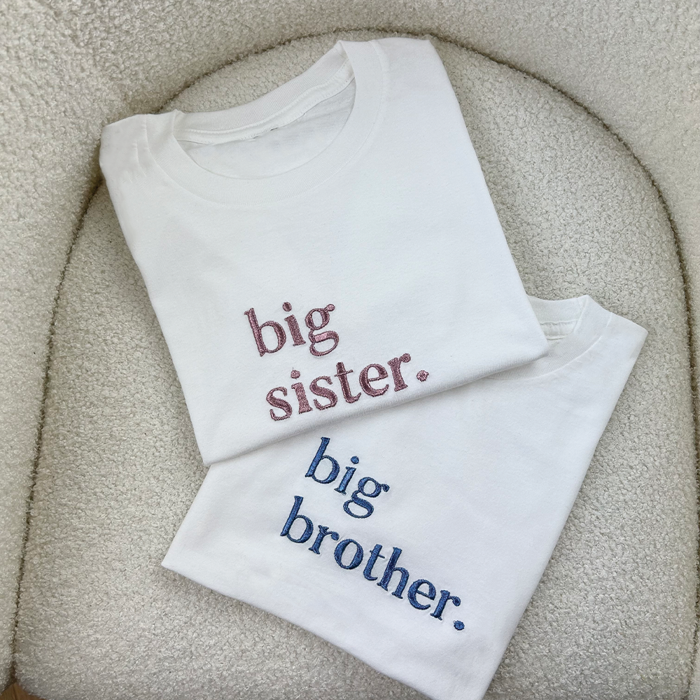 Big & Little Siblings Matching Embroidered White T-Shirts - Family Outfits for Sibling Photos & Special Occasions