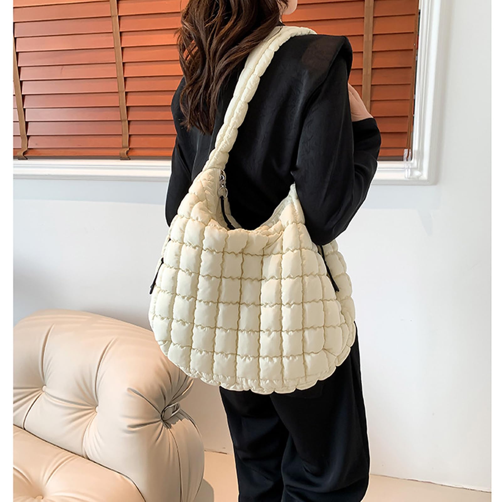 Quilted Puffer Tote Bag for Women - Large Lightweight Crossbody Shoulder Bag - Soft Puffy Carryall Handbag for Work, Travel & Shopping