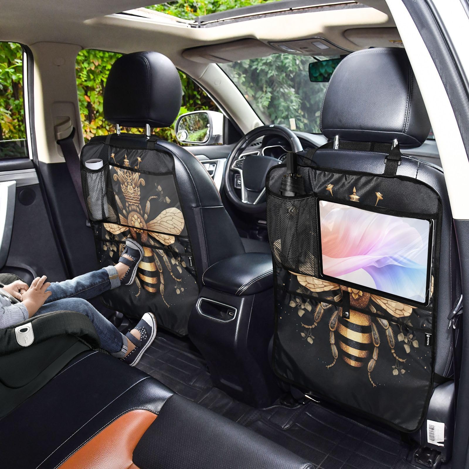 **Sinestour 2-Pack Waterproof Car Back Seat Protector - Golden Bee Crown Design, Kick Mats for Kids with Storage Pockets, Scratch & Dirt Protection - Ideal for Family Road Trips & Pet-Friendly Vehicles**