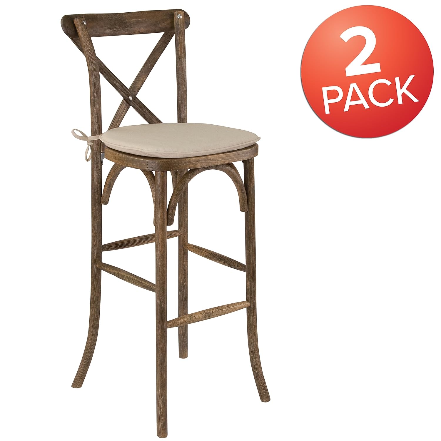 Flash Furniture 2-Pack HERCULES Series Dark Antique Wood Cross Back Bar Stools with Cushions - Perfect for Kitchen Islands, Home Bars & Dining Counter Seating