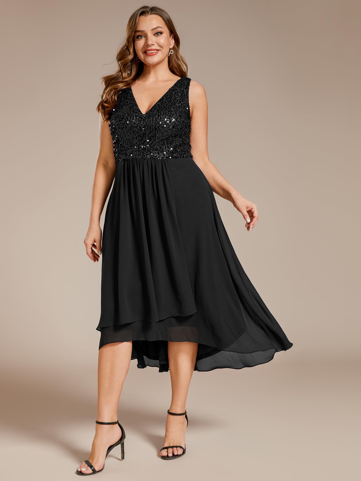 Ever-Pretty Plus Size Women's Sleeveless V-Neck Sequin Chiffon A-Line Midi Dress - Elegant Wedding Guest Dress for Summer Parties & Special Occasions