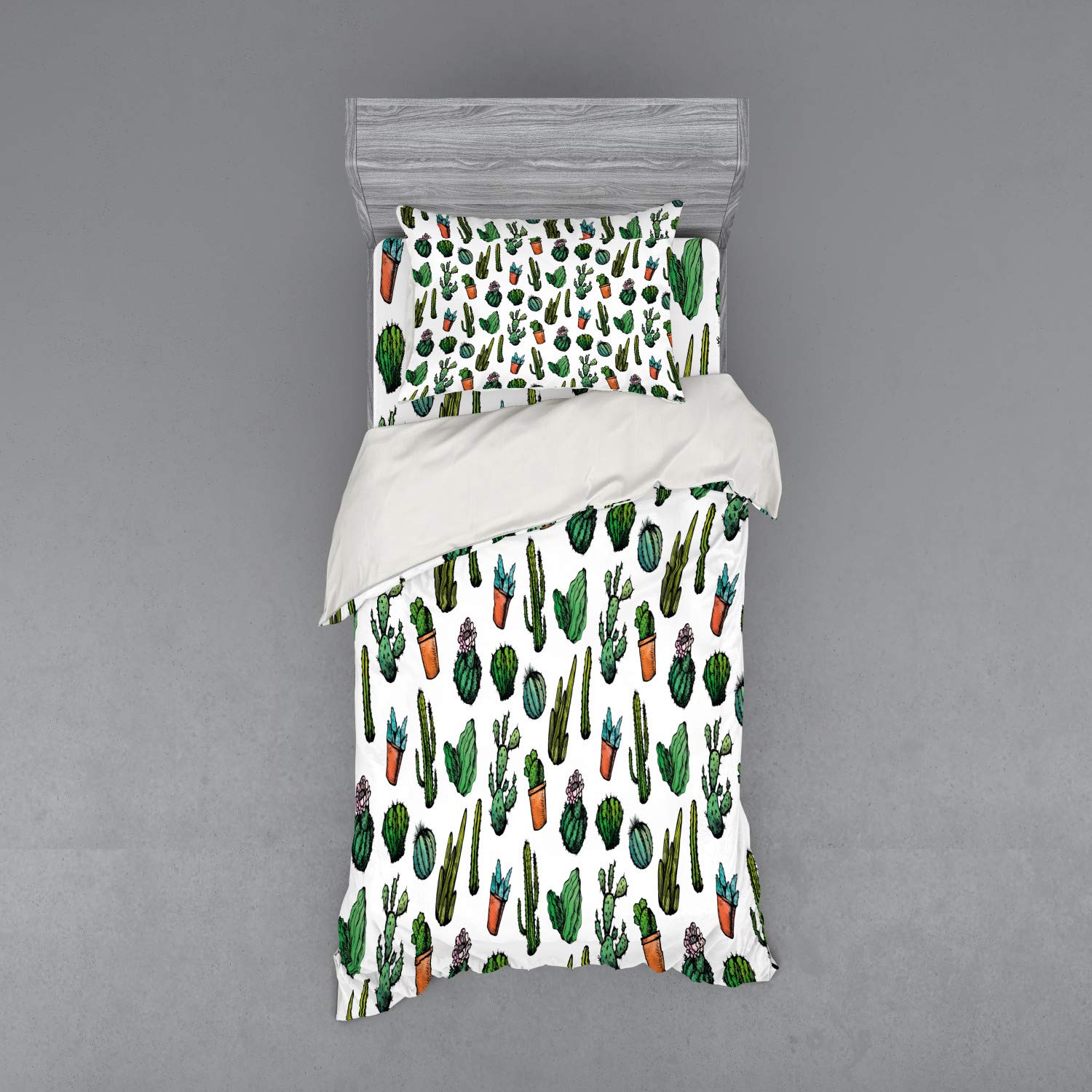 Ambesonne 3-Piece Cactus Duvet Cover Set - Twin XL Size, Boho Hand-Drawn Line Art Cacti in Pots, Multicolor Sketchy Spiked Mexican Garden Foliage Design - Includes Duvet Cover, Sham & Fitted Sheet - Perfect for Boho Bedroom Decor, Dorm Room or Guest Room