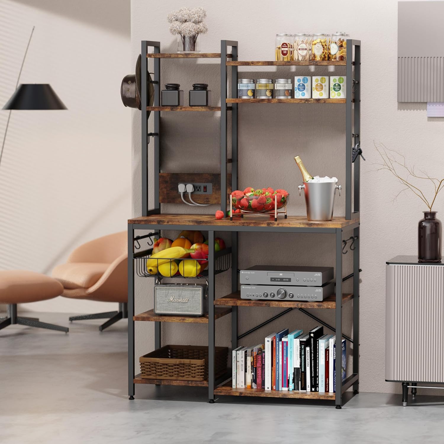 Luckyeestar 6-Tier Kitchen Baker’s Rack with Power Outlet & Microwave Stand - Coffee Bar Station with 12 S-Hooks & Wire Basket - Rustic Brown Shelving Unit for Small Kitchen, Pantry Organization & Coffee Corner Setup