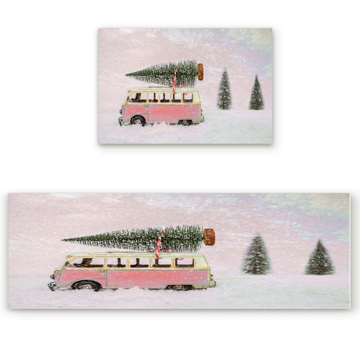 LooPoP Pink Christmas Kitchen Mats - 2-Piece Non-Slip Anti-Fatigue Floor Cushion Set, Washable Holiday Runner Rugs with Snow & Pine Tree Design - Perfect for Festive Kitchen Decor, Dining Areas & Holiday Home Accents
