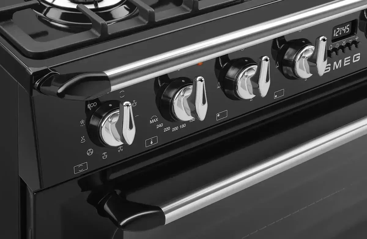 Smeg Victoria 110cm Dual Fuel Freestanding Cooker - Black (TRA4110BL) | Professional Gas & Electric Range for Modern Kitchens | Ideal for Home Chefs & Entertaining