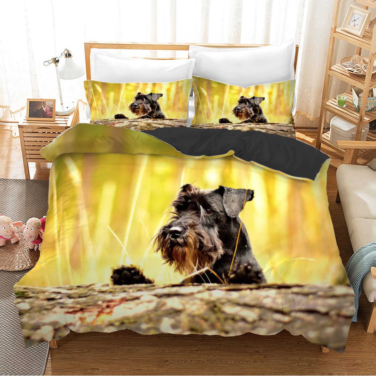 Queen Size Yellow Dog Duvet Cover Set - 3 Piece Soft Brushed Microfiber Comforter Cover with Zipper Closure & 2 Pillow Shams (20×26 inches) | 110g/㎡ Premium Bedding for Men & Women | Perfect for Kids' Rooms, Guest Bedrooms & Cozy Home Decor