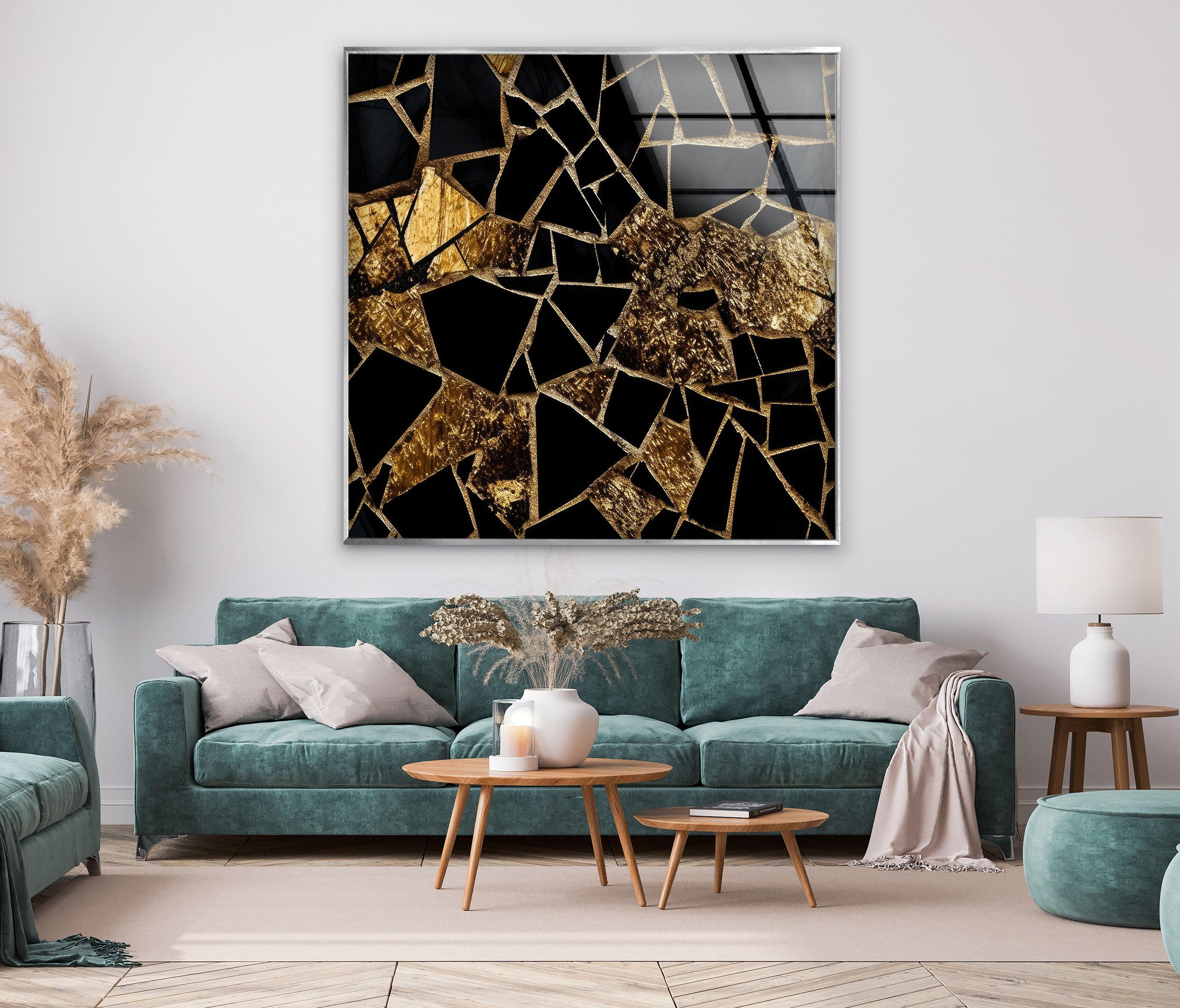 Elegant Black and Gold Stained Glass Wall Art - Handcrafted Marble Mosaic Decor for Living Room, Bedroom, or Office - Perfect for Home & Interior Design
