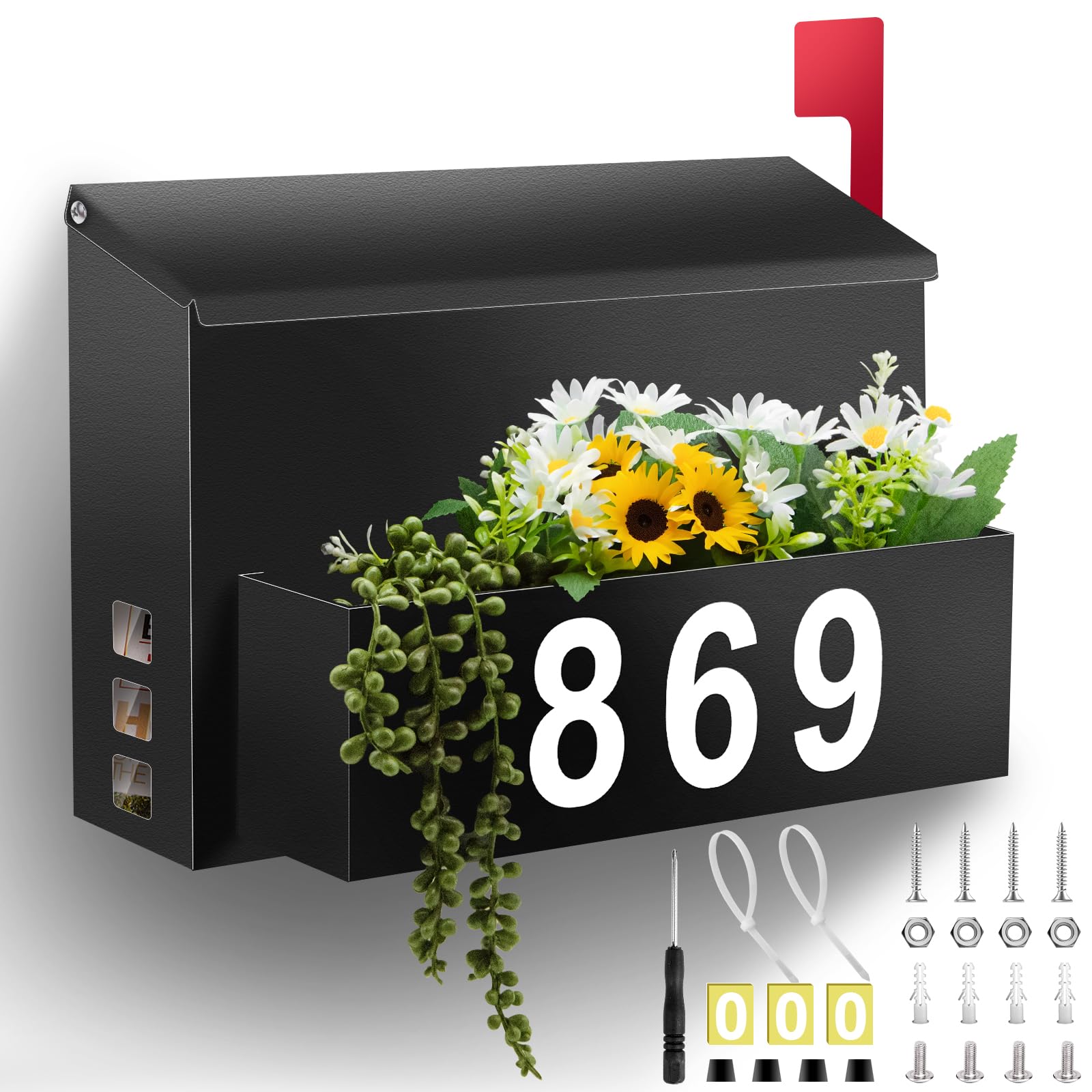 Wall-Mount Mailbox with Flag - Large Capacity Rust-Proof Galvanized Steel Outdoor Mailbox with Planter & Number Stickers (13.8