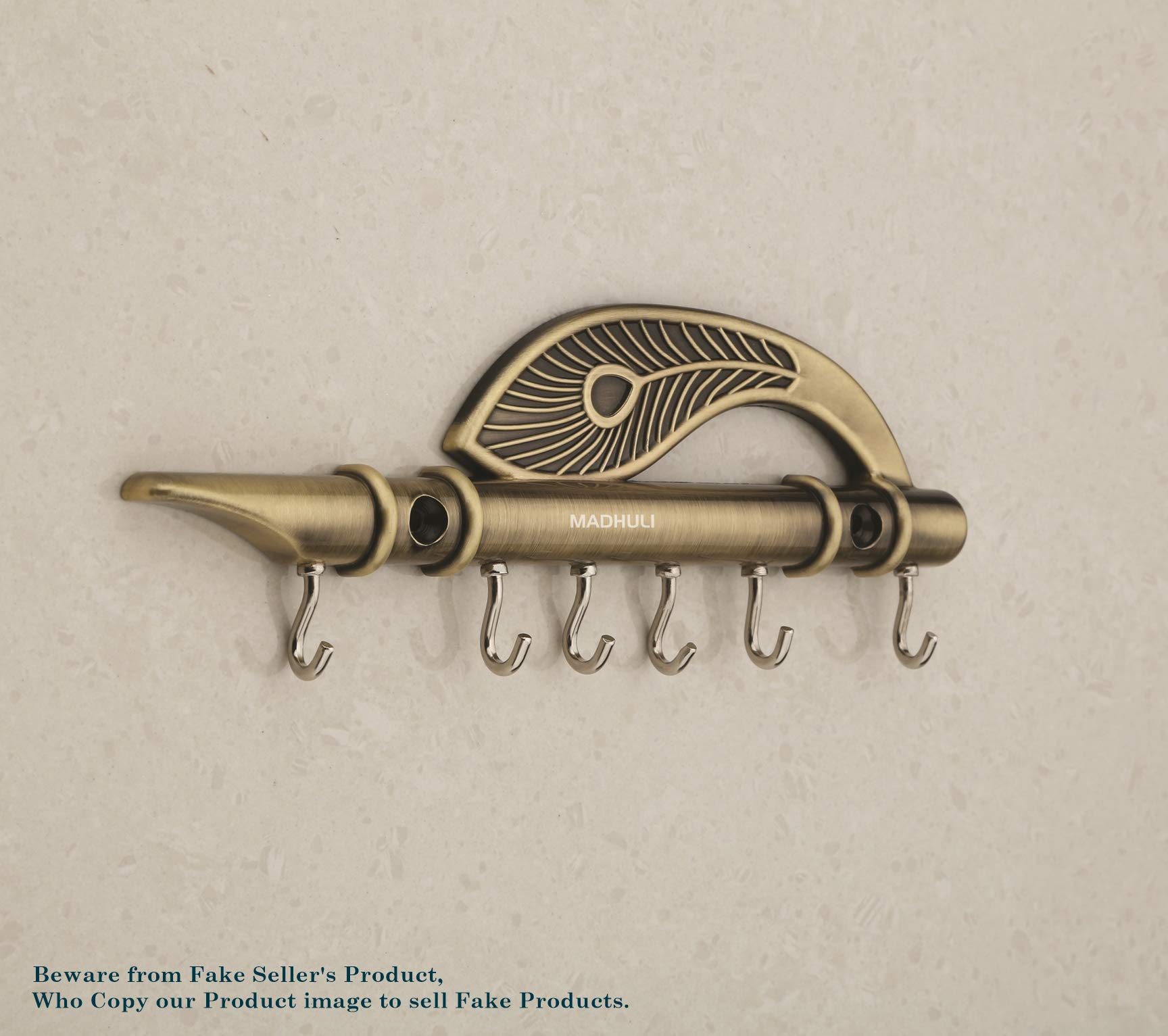 Antique Brass Key Holder Stand - Lord Krishna Flute & Peacock Quills Design - Wall Mounted Key Organizer for Home, Office, Entryway - Perfect for Foyer, Mudroom, and Gift Giving