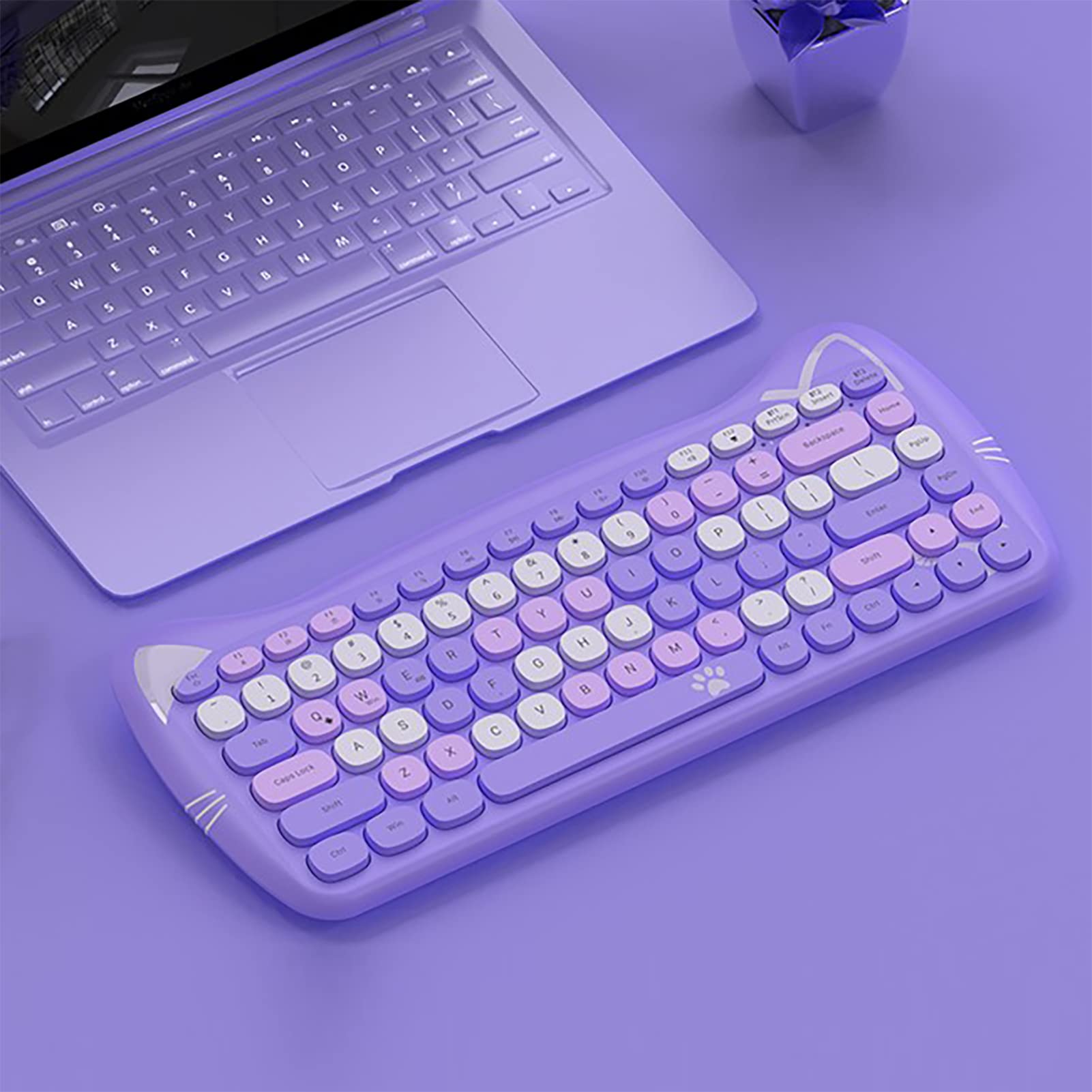 Cute Cat 2.4G USB Wireless Keyboard and Mouse Combo - Silent Keys, Ergonomic Design, Candy Colors (Purple-84Keys) - Compatible with Windows/Mac PC, Laptop - Perfect for Home Office, Gaming & Typing