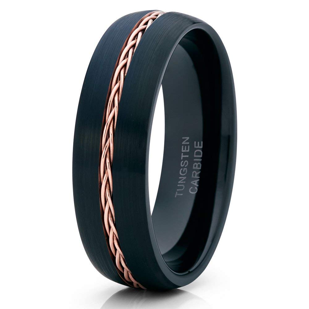 6mm Rose Gold Black Tungsten Wedding Band for Men & Women - 18k Rose Gold Braid Comfort Fit Engagement Ring & Anniversary Jewelry - Perfect for Proposals, Weddings and Special Occasions