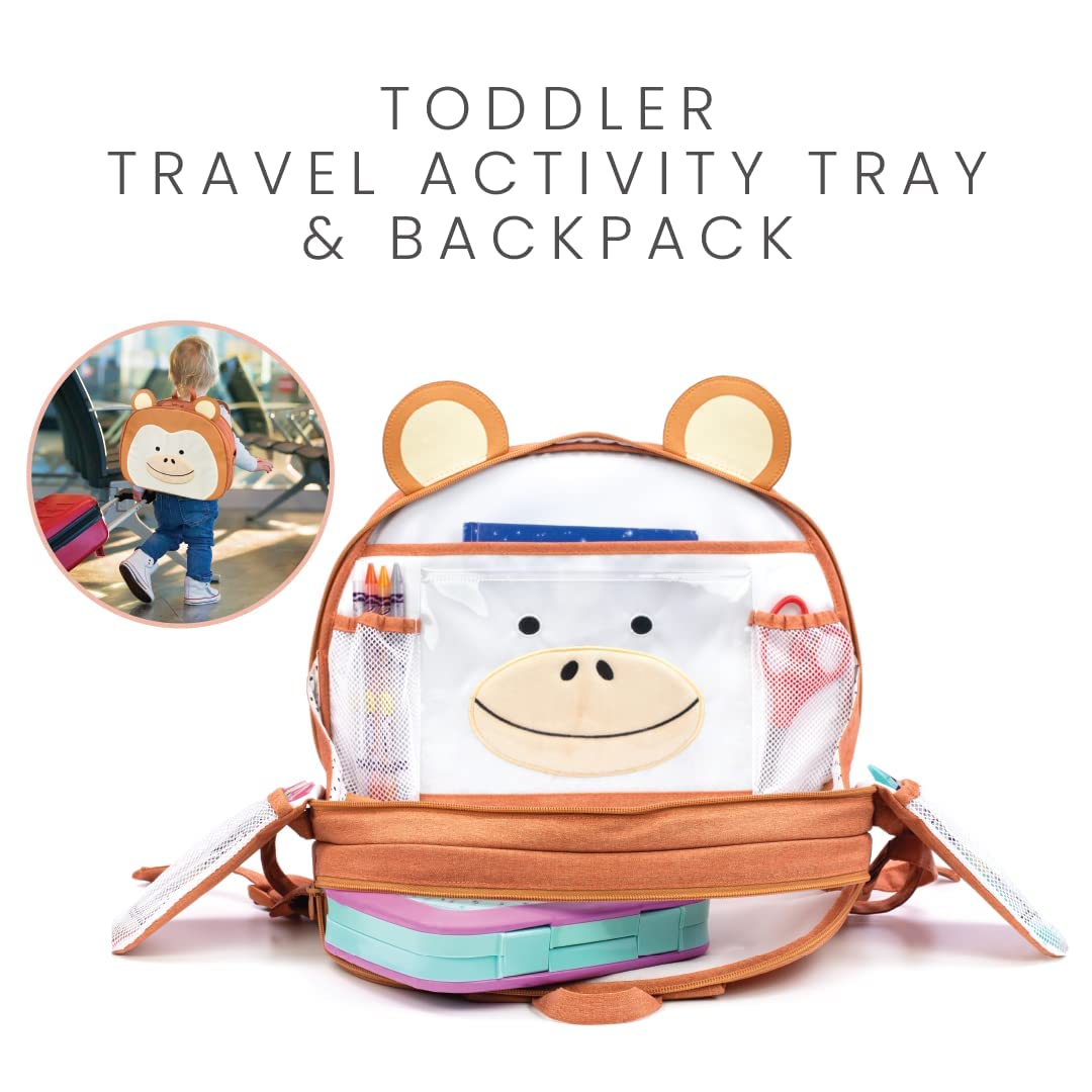 Lulyboo Toddler Travel Tray with Backpack - Portable Car Seat & Airplane Tray Table for Kids - Built-in Cup Holder, 8 Storage Pockets & Firm Writing Surface - Perfect for Road Trips, Flights & Homeschooling (Monkey Design)