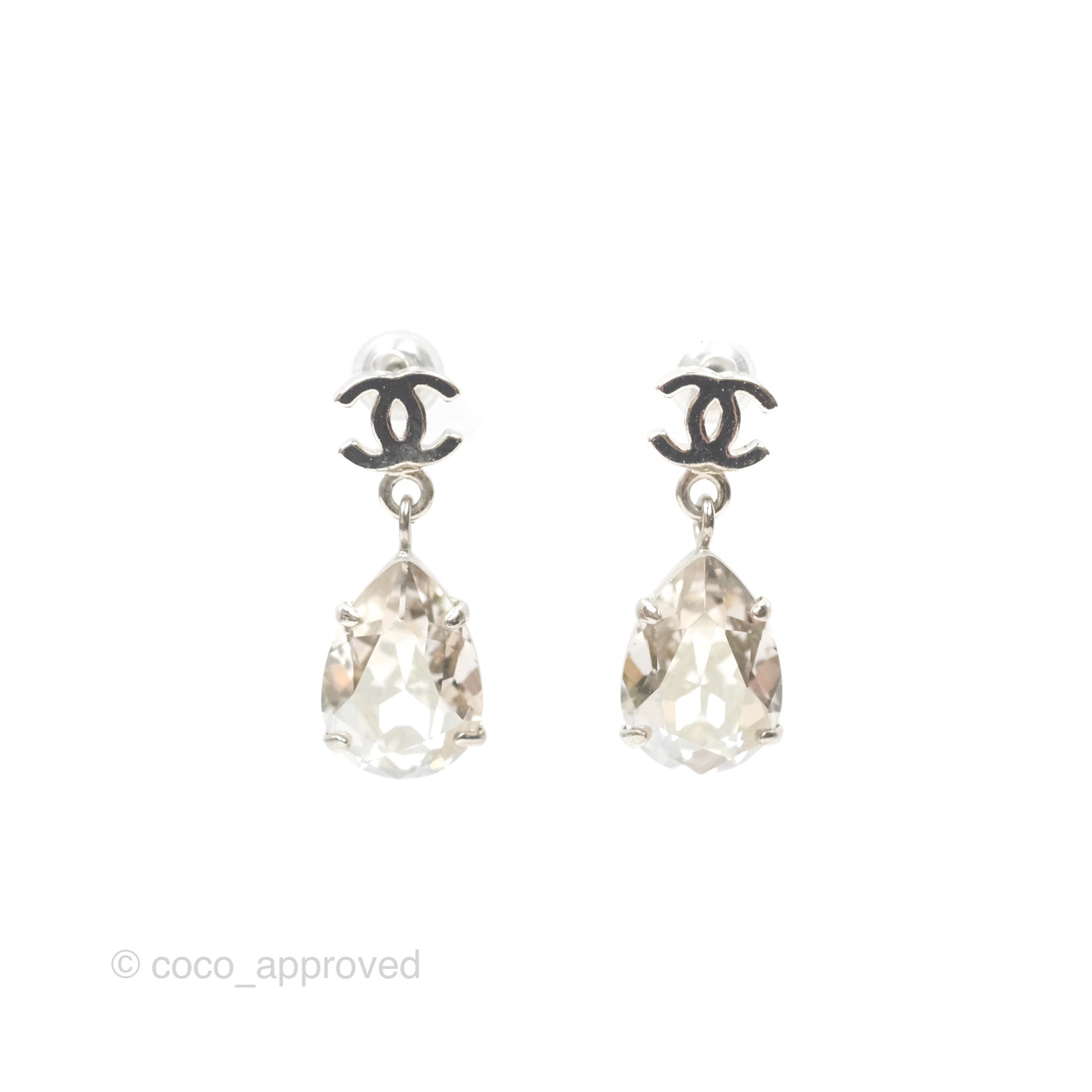 Chanel CC Rhinestone Tear Drop Earrings Silver Tone 12V - Elegant Dangle Earrings for Women, Perfect for Parties, Weddings & Special Occasions