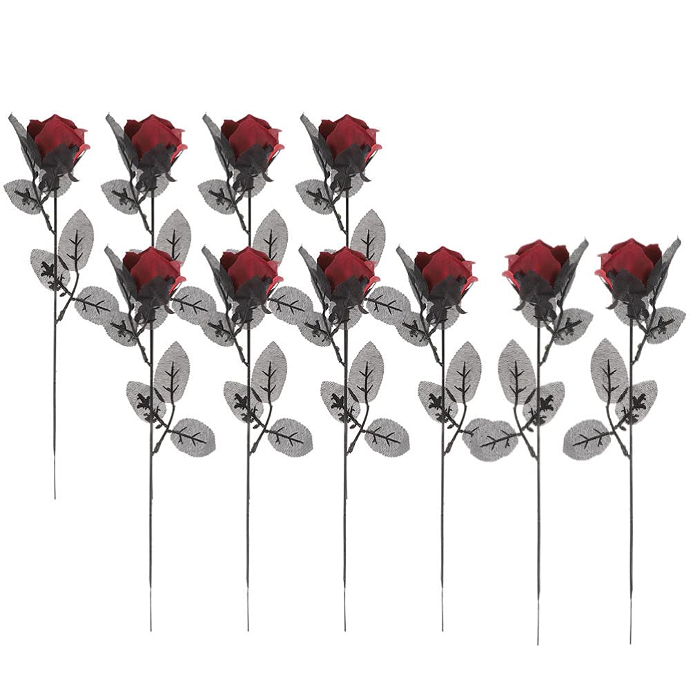 Milisten 10PCS Halloween Fake Black Roses with Stems - Realistic Artificial Flowers for Spooky Decor, Gothic Party Supplies, Haunted House Arrangements & Dark Wedding Centerpieces