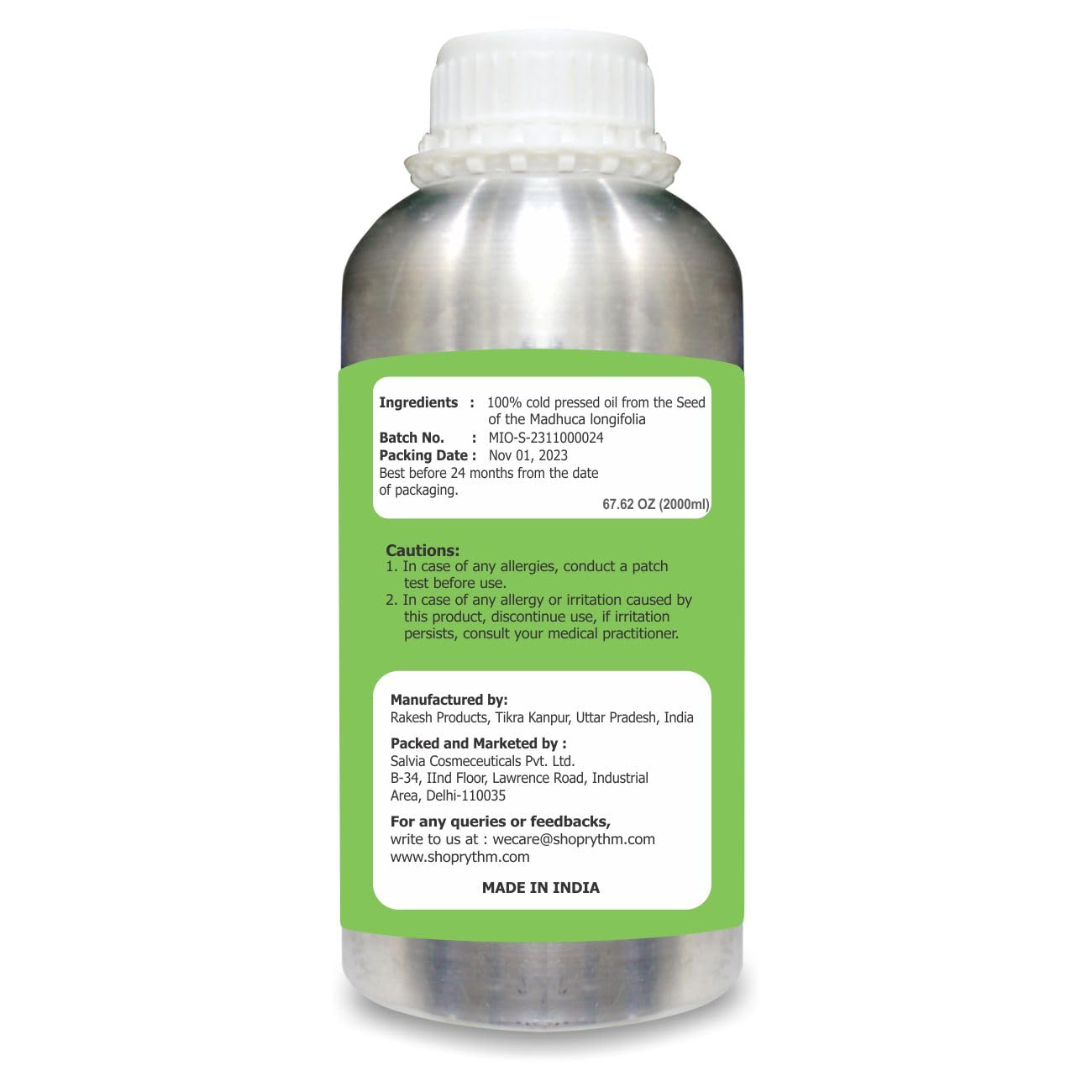 Pure & Natural Mahua Oil (Madhuca Indica) - Cold Pressed, Undiluted, Unrefined, Organic Carrier Oil - 2000ml/67.6fl oz - Therapeutic Grade for Aromatherapy, Massage & Skin Care