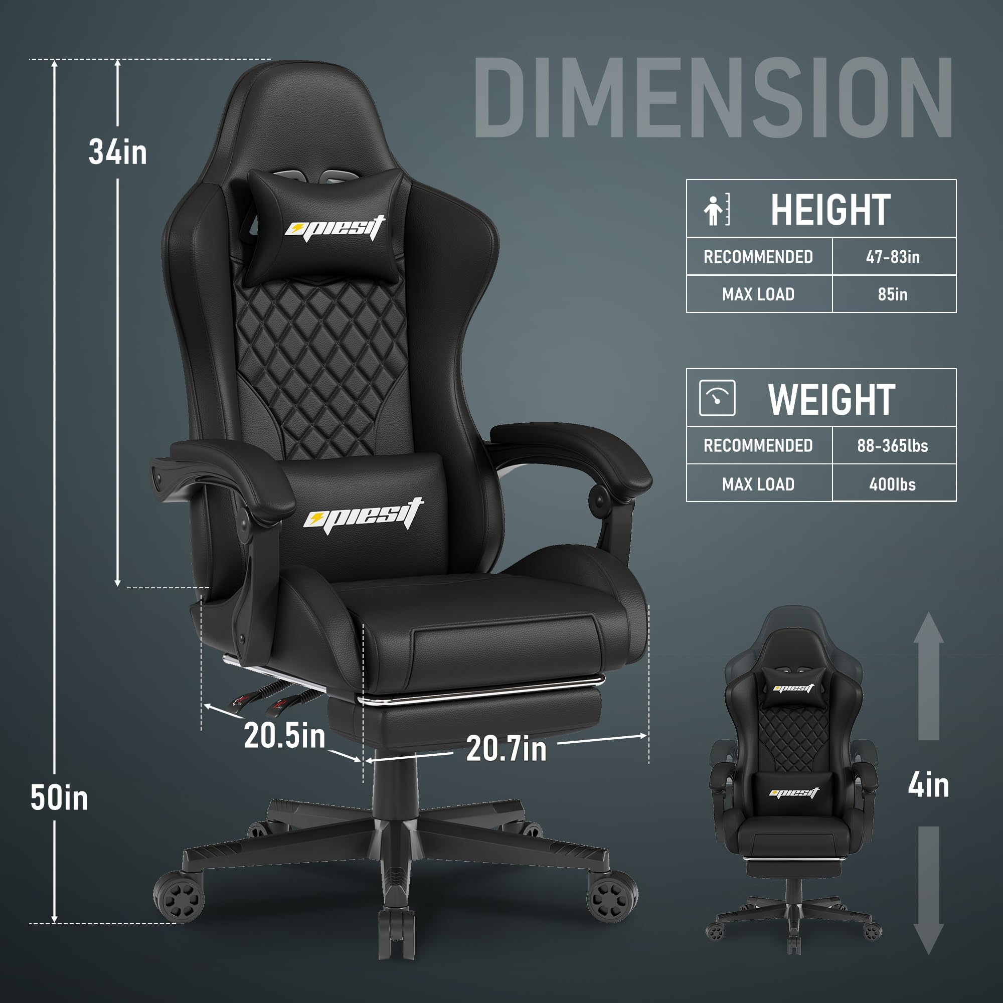 Premium Ergonomic Gaming Chair for Adults with Adjustable Lumbar Support & Footrest - 360° Swivel PU Leather Computer Office Chair - Perfect for Esports, Streaming & Long Work Sessions (Black)