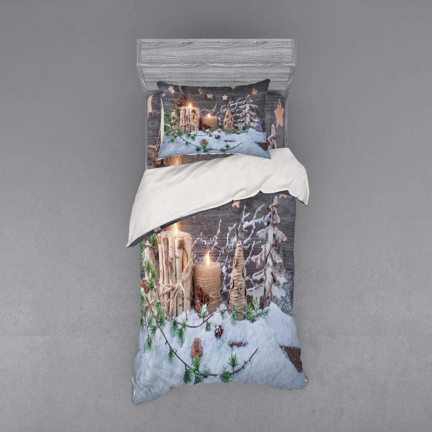 Ambesonne Christmas Bedding Set - Rustic Snowy Candle House Print Duvet Cover, Sham & Fitted Sheet, 3-Piece Twin XL Set in White & Brown | Cozy Winter Bedroom Decor for Holiday Season