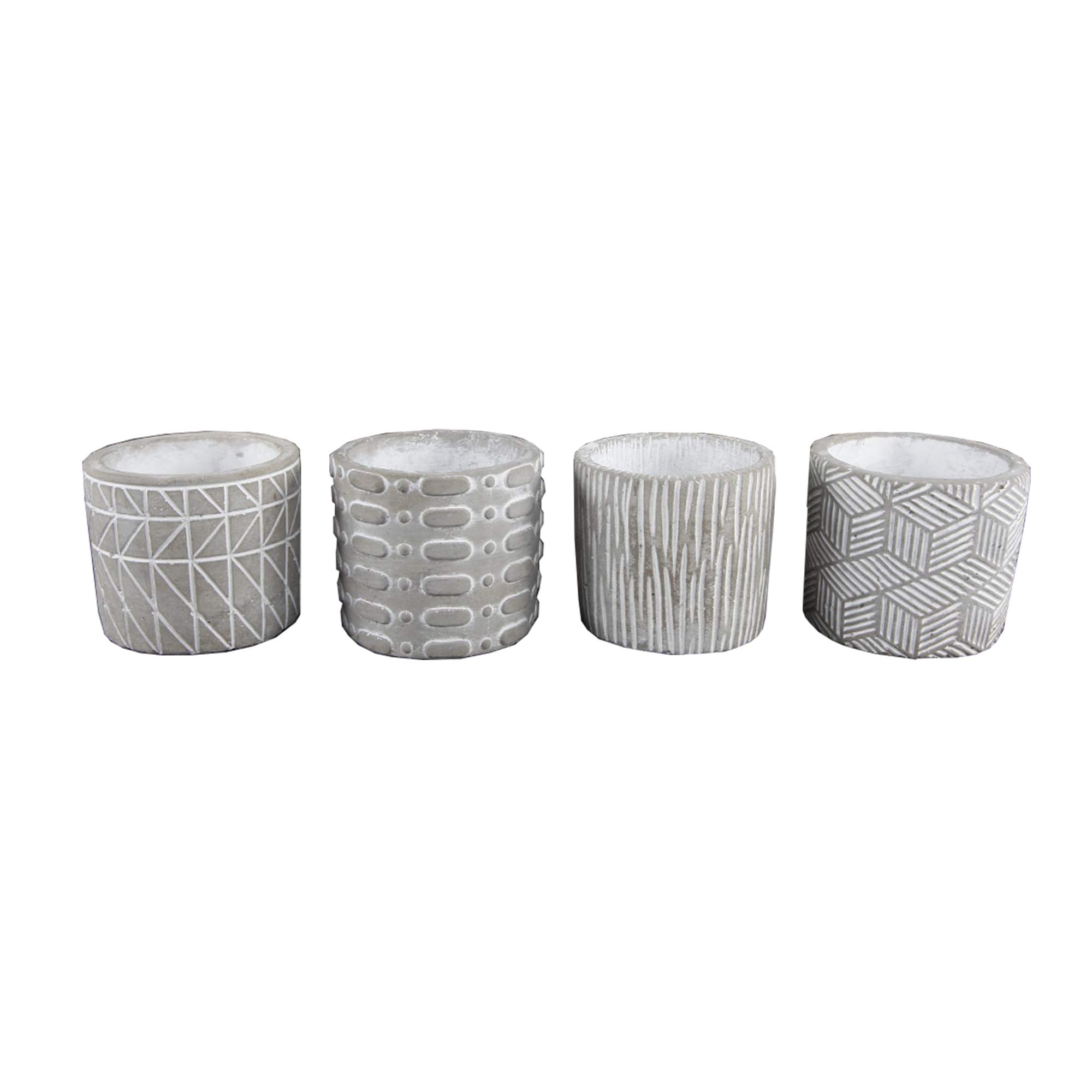 Flora Bunda Set of 4 Textured Cement Plant Pots with 4 Unique Patterns - Perfect for Indoor Succulents, Herbs, and Home Decor