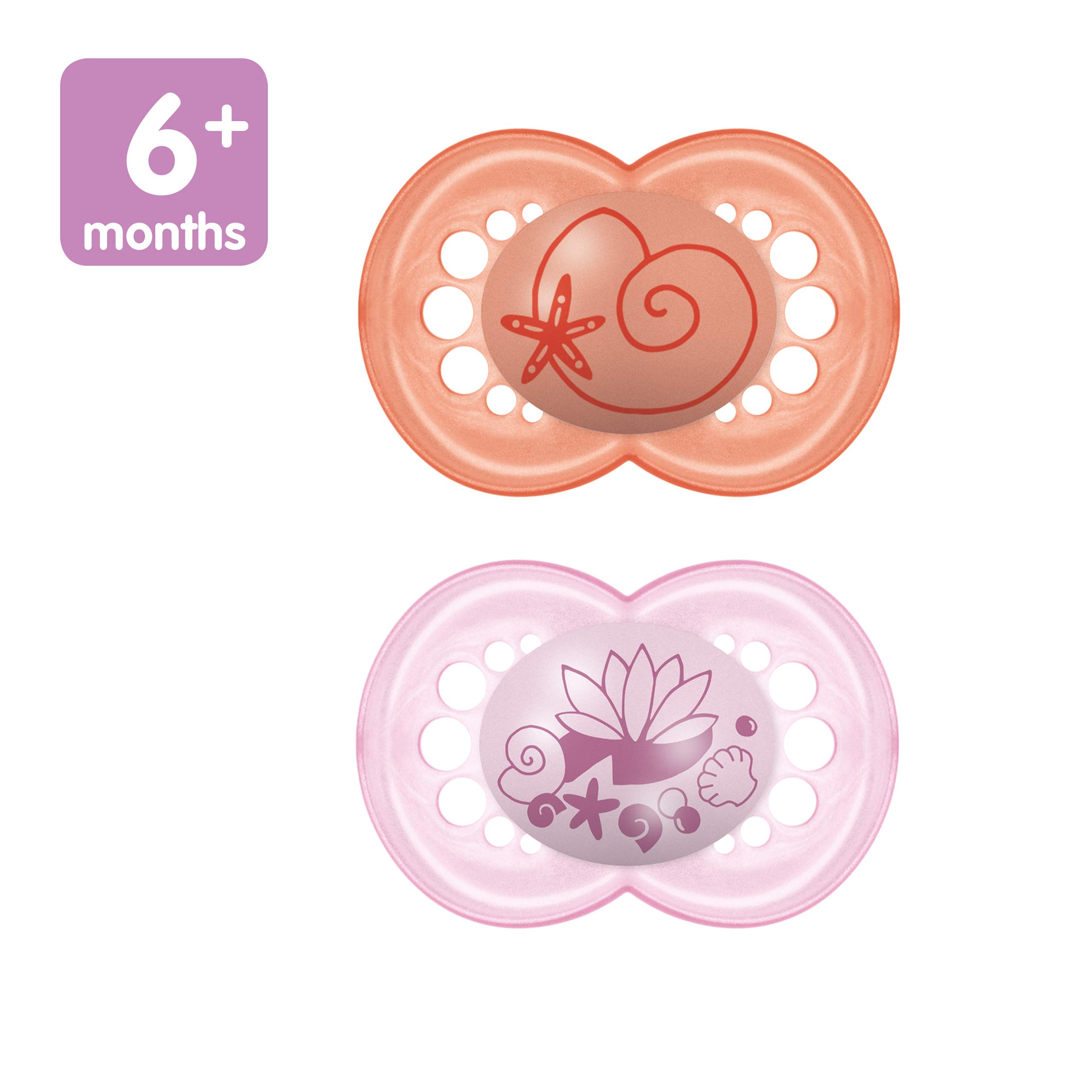 MAM Original Baby Pacifier for 6-16 Months - Orthodontic Nipple Promotes Healthy Oral Development - Includes Sterilizer Case - 2 Pack (Pearl/Girl) - Perfect for Soothing, Teething Relief & Sleep Training