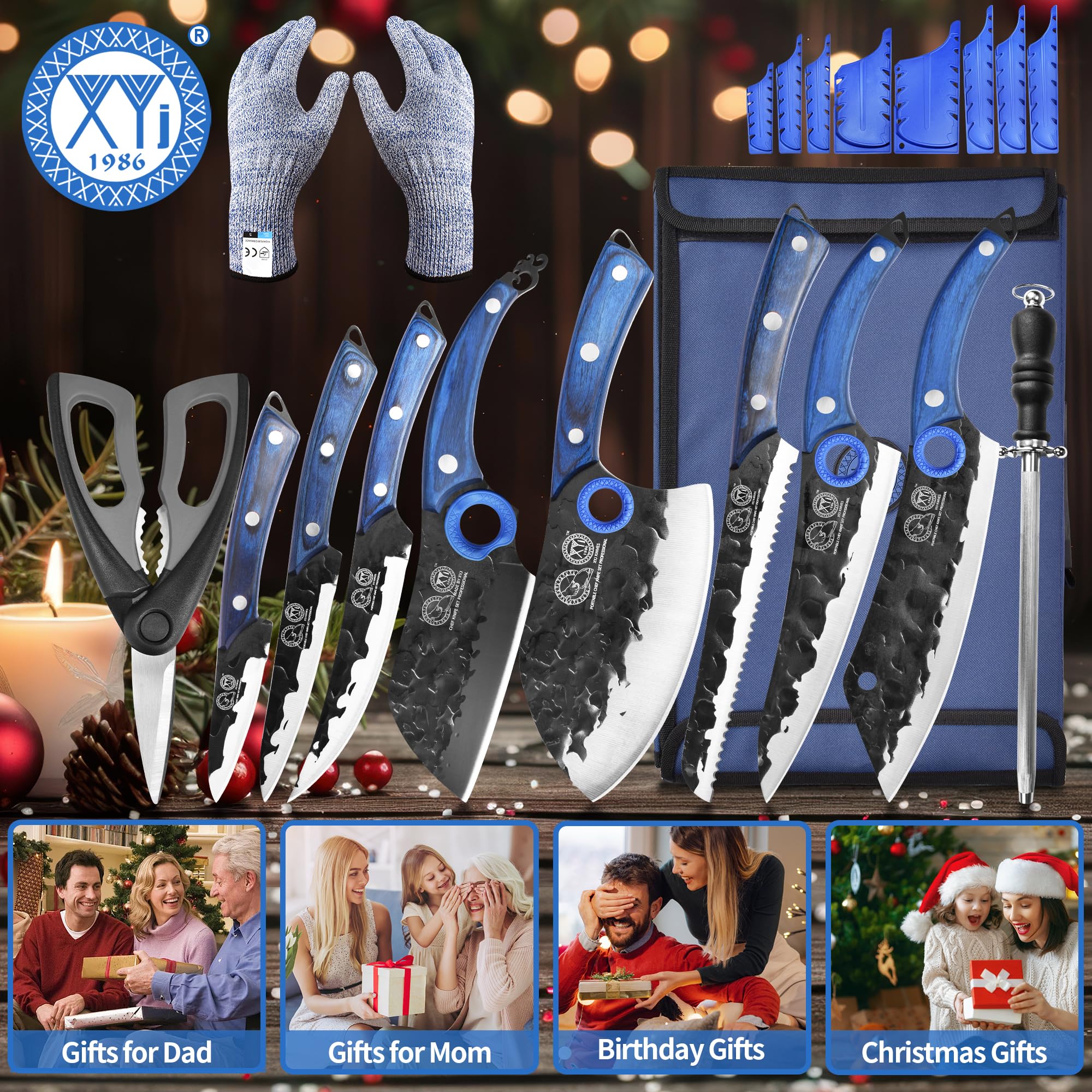 XYJ Professional Kitchen Knife Set - 6-Piece High-Carbon Steel Forged Chef Knives with Full Tang Design (Chef's Knife, Cleaver, Carving Knife, Nakiri) Includes Carrying Case & Poultry Shears - Perfect for Home Cooking, Professional Chefs & Outdoor BBQ