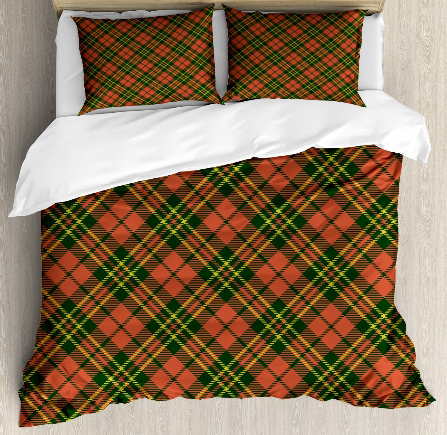 3 Piece Queen Size Bedding Set - Checkered Irish Tartan Plaid Duvet Cover with 2 Pillow Shams in Christmas Colors & Geometric Stripes | Cozy Winter Bedroom Decor for Holiday Season