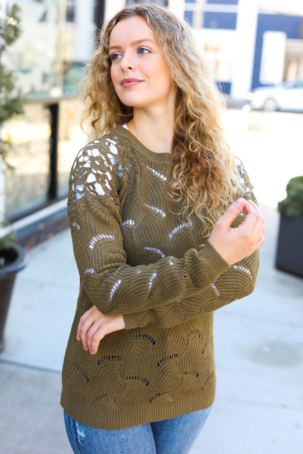 Stylish Olive Green Pointelle Lace Knit Sweater for Women - Trendy Casual Pullover with Shoulder Details - Perfect for Fall Outfits, Date Nights & Office Wear