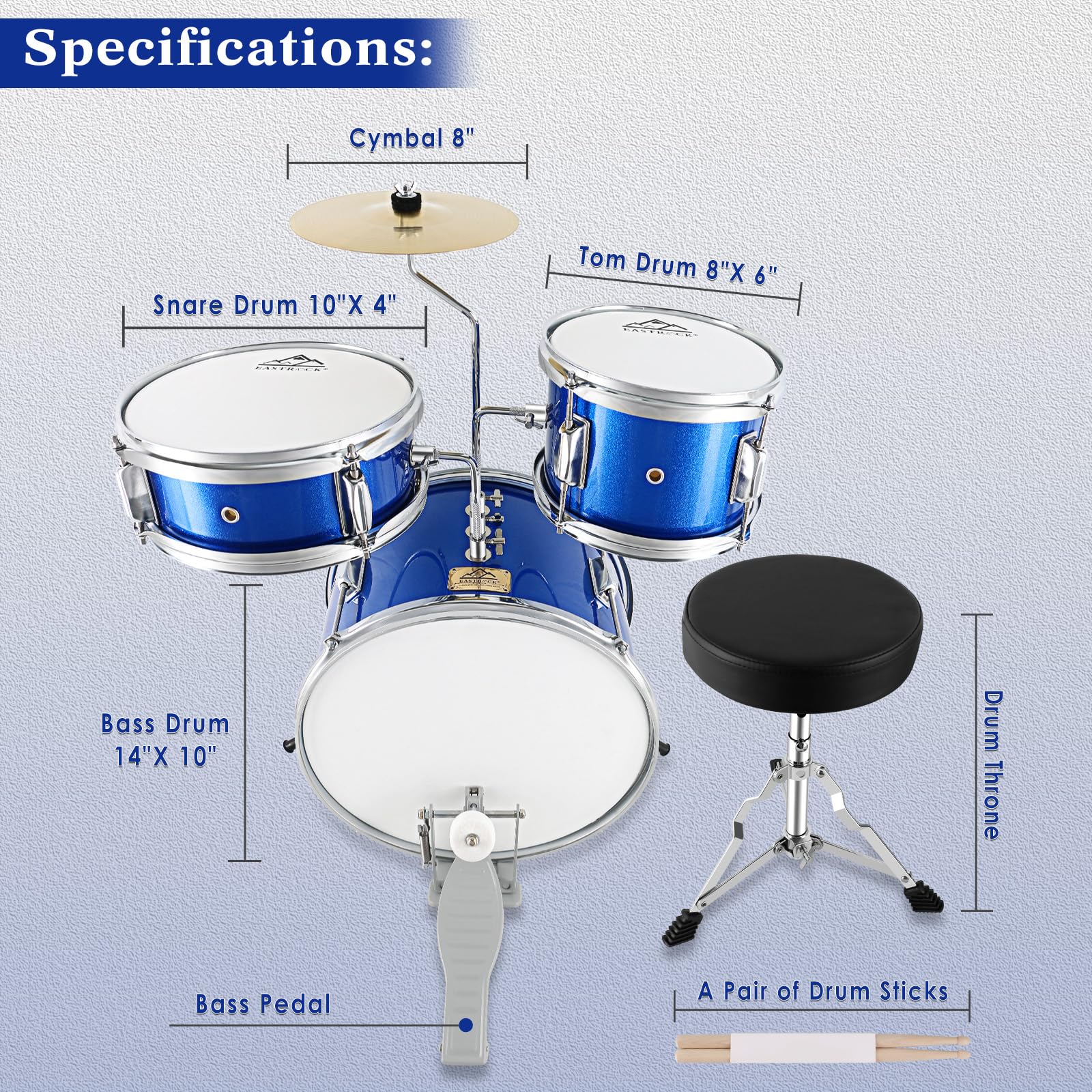 EASTROCK 3-Piece 14'' Kids Drum Set with Adjustable Throne, Cymbal, Pedal & Drumsticks - Perfect for Beginners & Junior Drummers (Dark Blue) | Ideal for Home Practice, Music Lessons & Kids Birthday Gifts