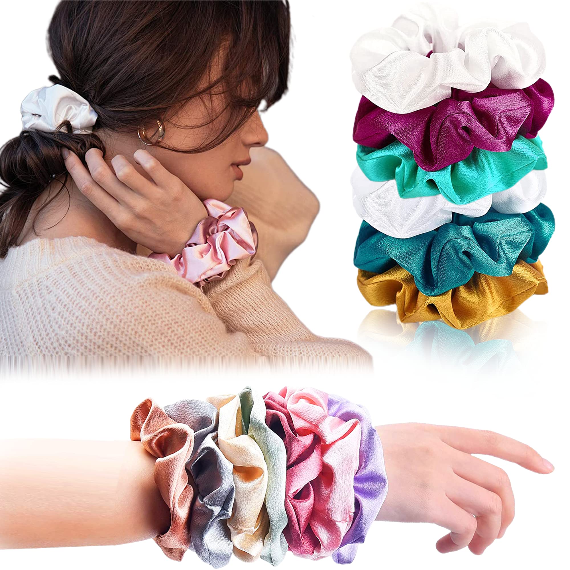 6 Pcs Satin Silk Scrunchies for Women - Soft Hair Ties, Ponytail Holders & Hair Bands - Stylish Hair Accessories in Assorted Colors - Perfect for Work, Gym, and Everyday Use