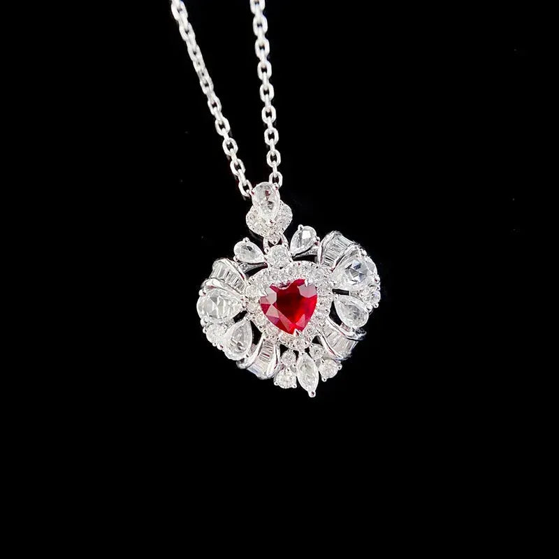 18K White Gold Heart Necklace with Natural Ruby & Real Diamonds - Elegant Women's Engagement Jewelry for Anniversaries, Weddings & Special Occasions