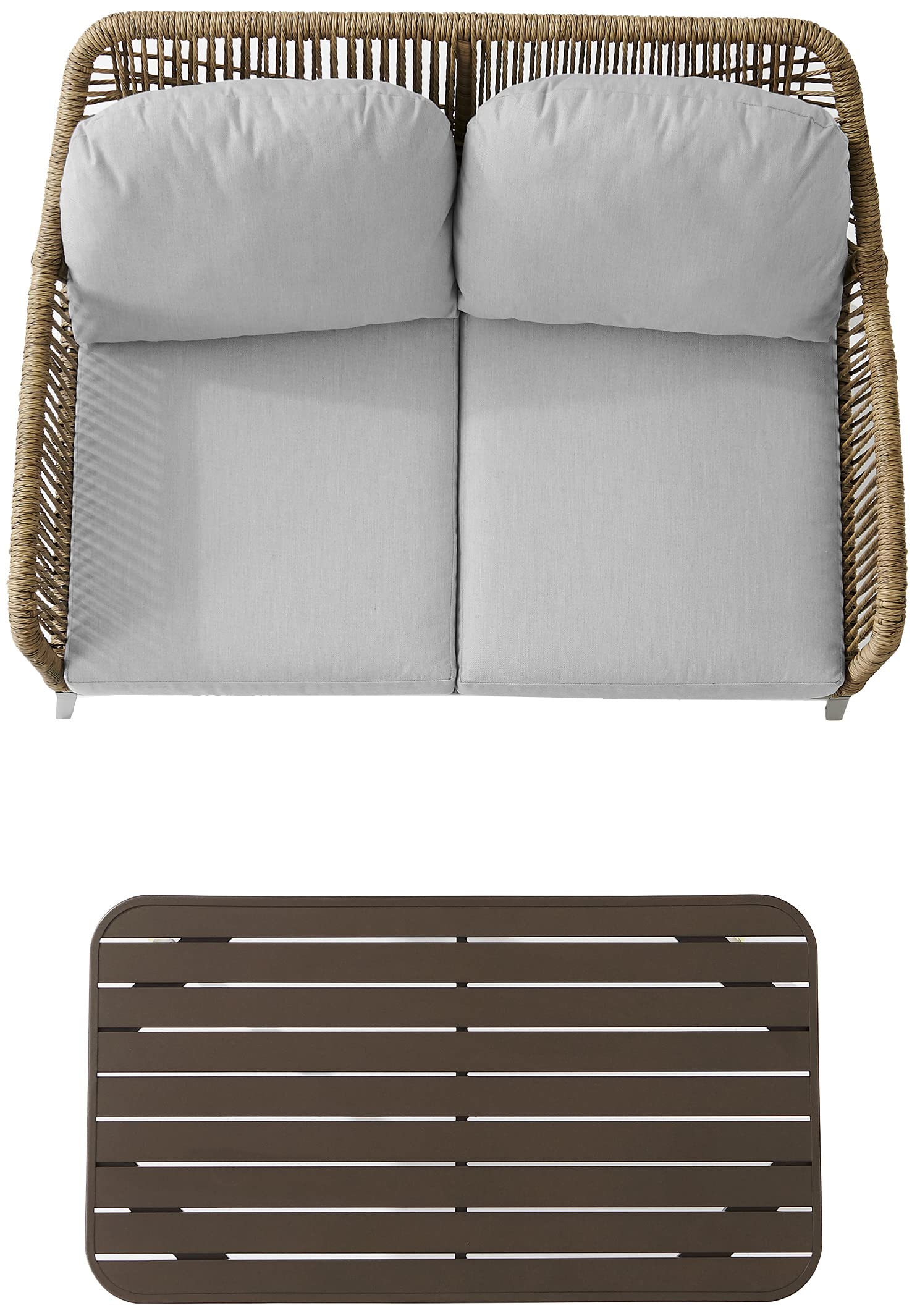 Crosley Furniture Haven 2-Piece Wicker Outdoor Coffee Table and Loveseat Set - Light Brown Patio Furniture with Gray Cushions for Porch, Garden & Backyard Relaxation