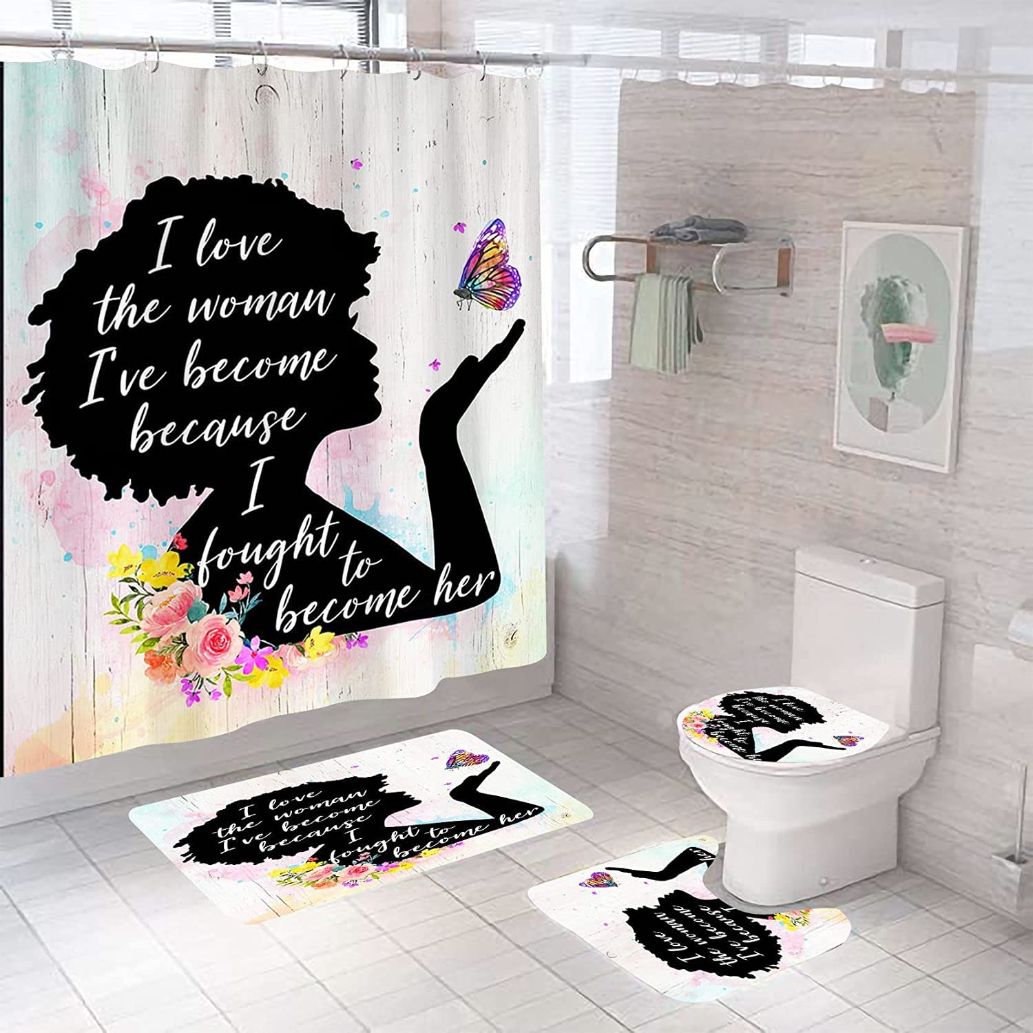 4PCS African American Girl Shower Curtain Set with Non-Slip Bath Rug, Toilet Cover & Mat - Black Woman Butterfly Bathroom Decor with Hooks | Perfect for Kids & Teens Bathroom, Dorm Decor, Gift Idea