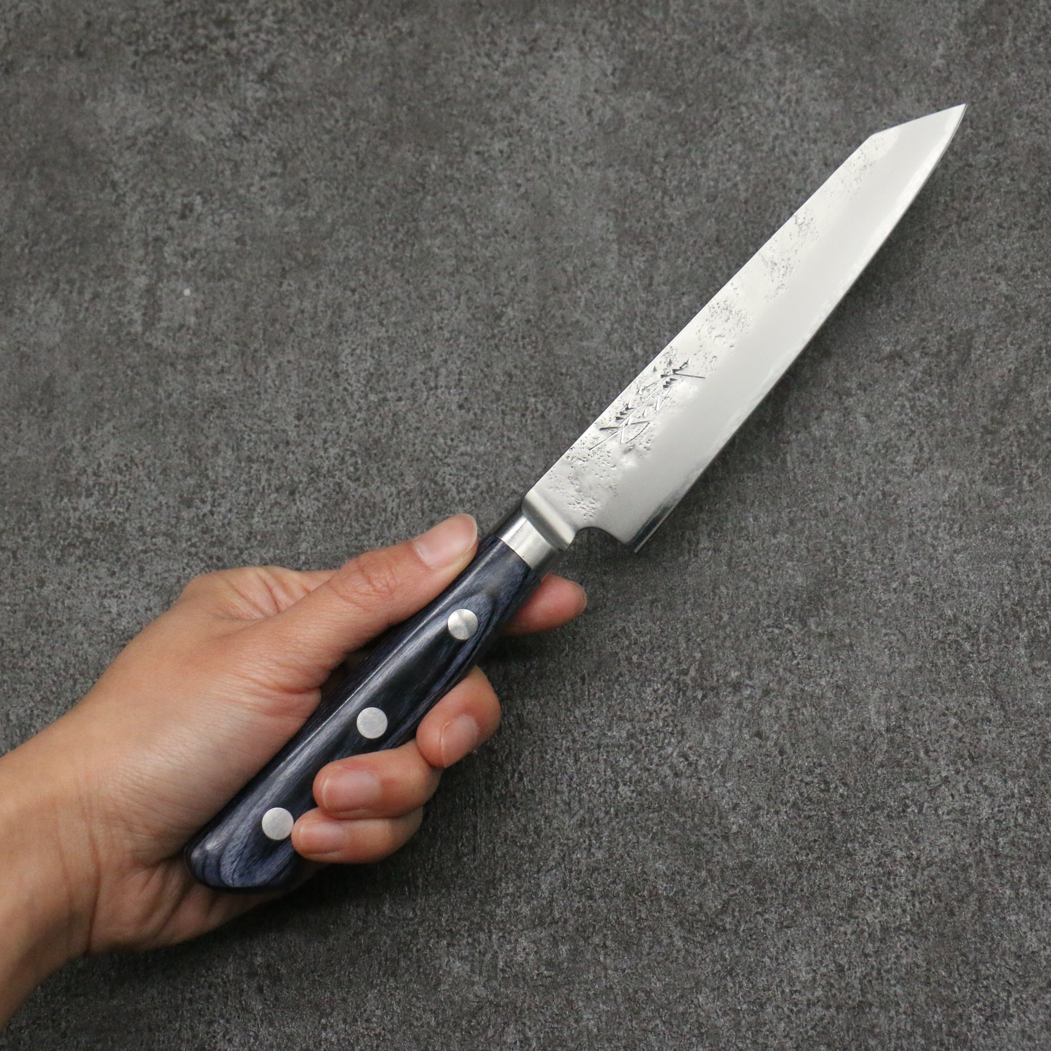 Premium Seisuke Blue Steel No.2 Nashiji Kiritsuke Petty Knife 145mm - Japanese Kitchen Utility Knife with Navy Blue Pakkawood Handle - Perfect for Slicing, Chopping & Precision Cutting in Professional & Home Kitchens