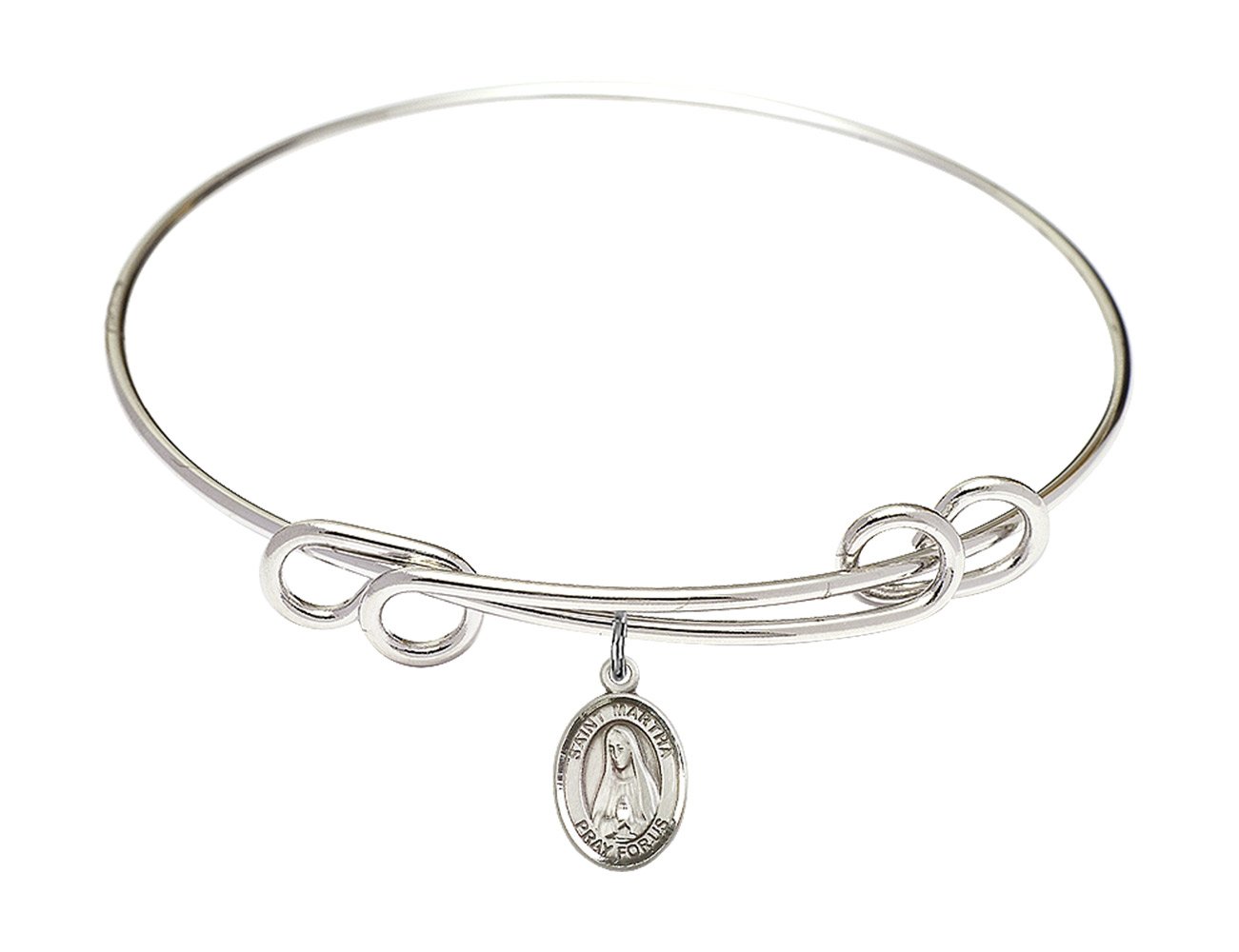 Sterling Silver Round Double Loop Bangle Bracelet with St. Martha Charm - Elegant Religious Jewelry for Women, Perfect for Church, Weddings & Special Occasions