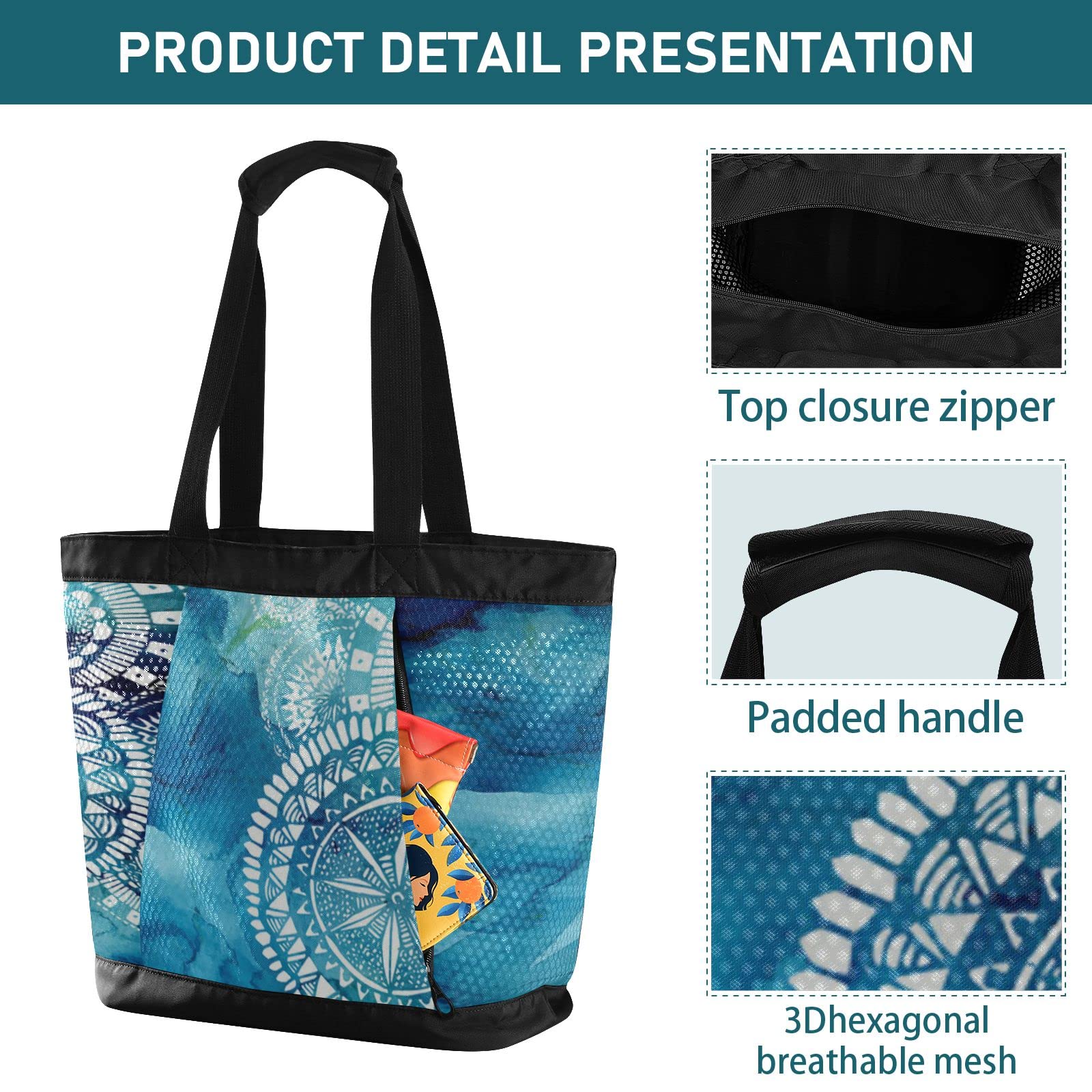 J JOYSAY Blue Watercolor Mandala Mesh Beach Tote Bag - Large Water Resistant Women's Beach Bag for Pool, Picnic & Travel | Perfect for Carrying Swimsuits, Towels & Summer Essentials