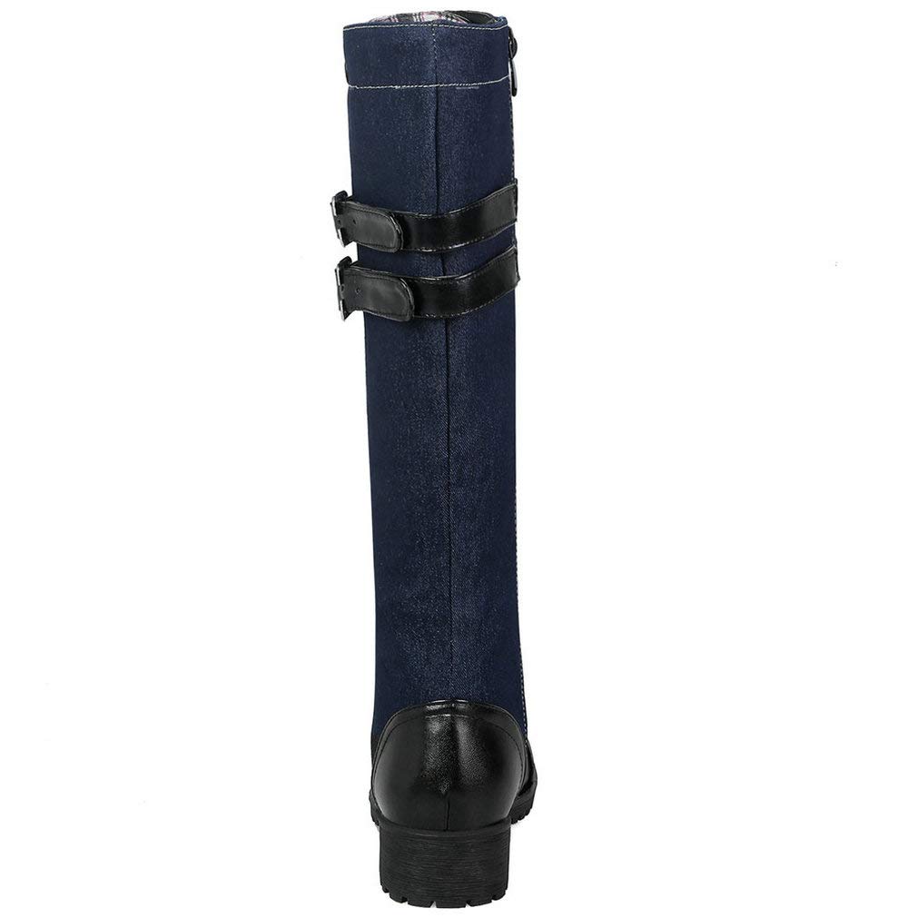 KOKOMOMO Women's Denim Knee High Boots - Low Heel Lace Up Combat Boots with Buckles for Skinny Calf | Stylish Casual & Streetwear Fashion for Everyday Wear, Outfits and Date Night