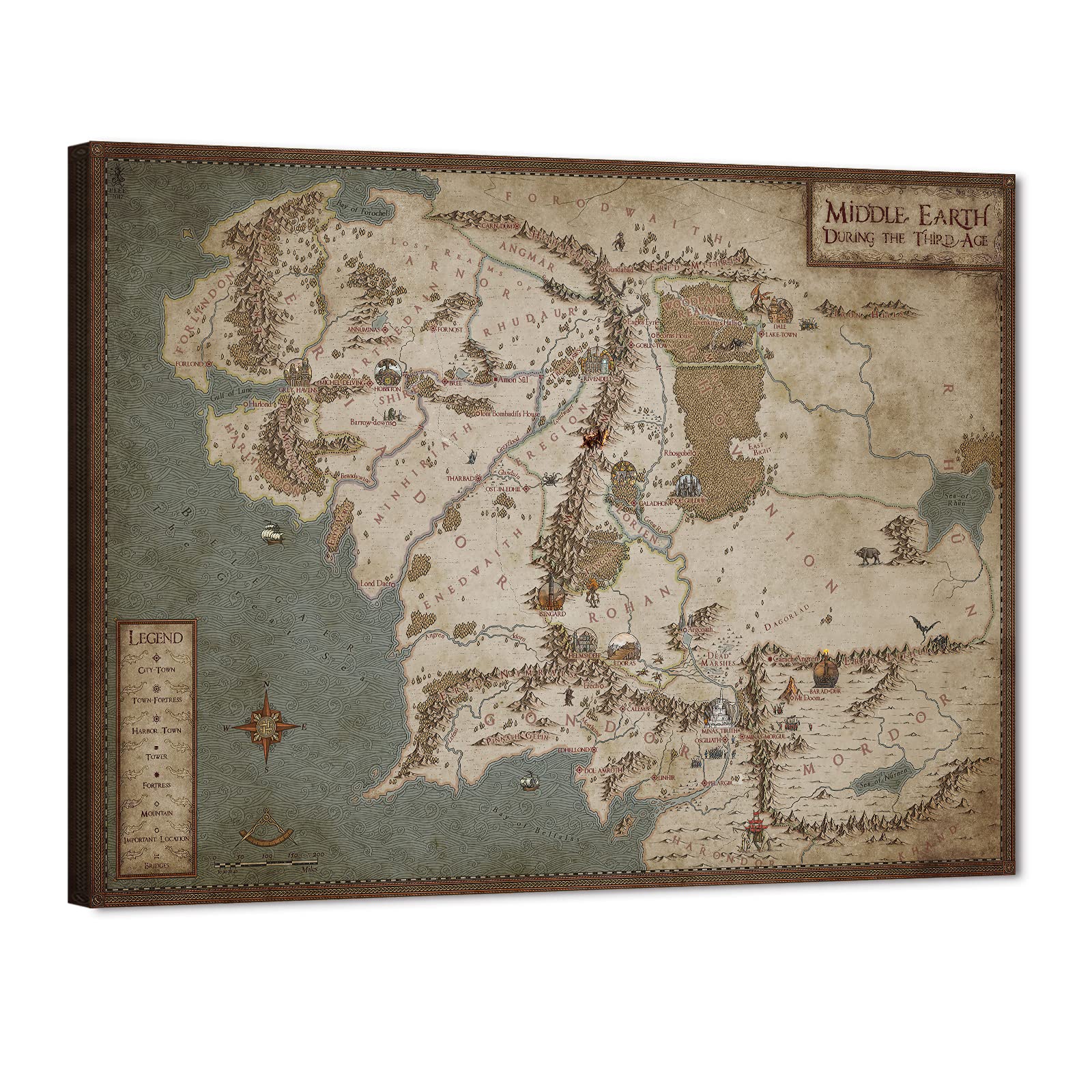 Vintage Middle Earth Map Wall Art - 32x48 Inches Canvas Poster, Retro Fantasy Treasure Map Painting for Office, Living Room & Game Room Decor - Perfect for Lord of the Rings Fans & Home Theater