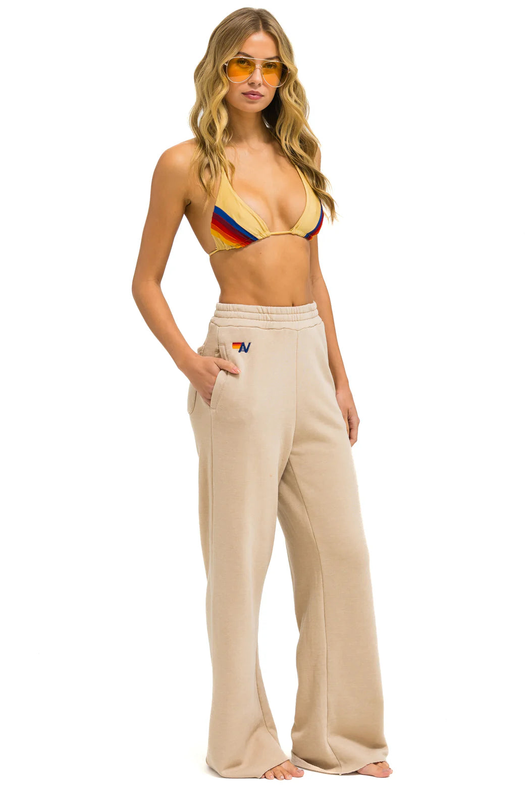 Aviator Nation Wide Leg Pocket Sweatpants for Women - Soft Cotton Joggers with Side Pockets - Perfect for Lounge, Yoga, and Casual Wear (Sand Color)