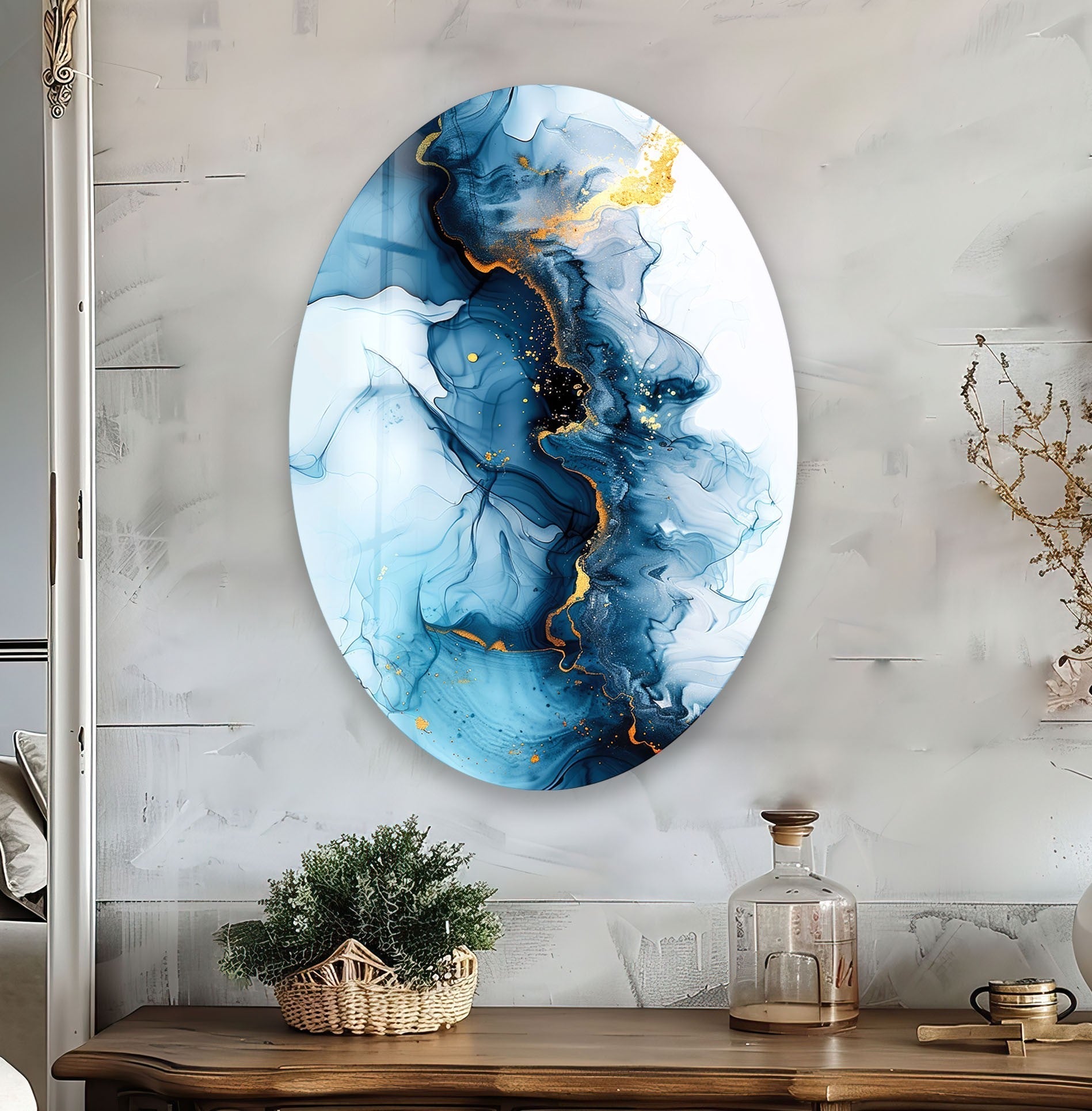 Asymmetric Oval Navy Blue Glass Wall Art - Modern Abstract Home Decor for Living Room, Bedroom, Office - Handmade Glass Wall Hanging for Unique Interior Design