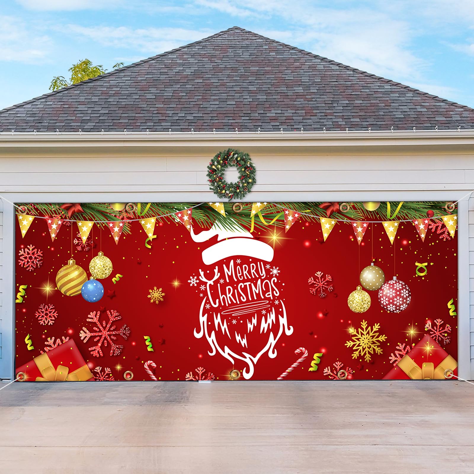 7 x 16 ft Merry Christmas Garage Door Cover - Santa Claus Outdoor Decorations for Double Garage Door, Xmas Murals Backdrop, Holiday Yard Decor 2024 | Perfect for Christmas Parties, Neighborhood Decorating & Festive Home Displays