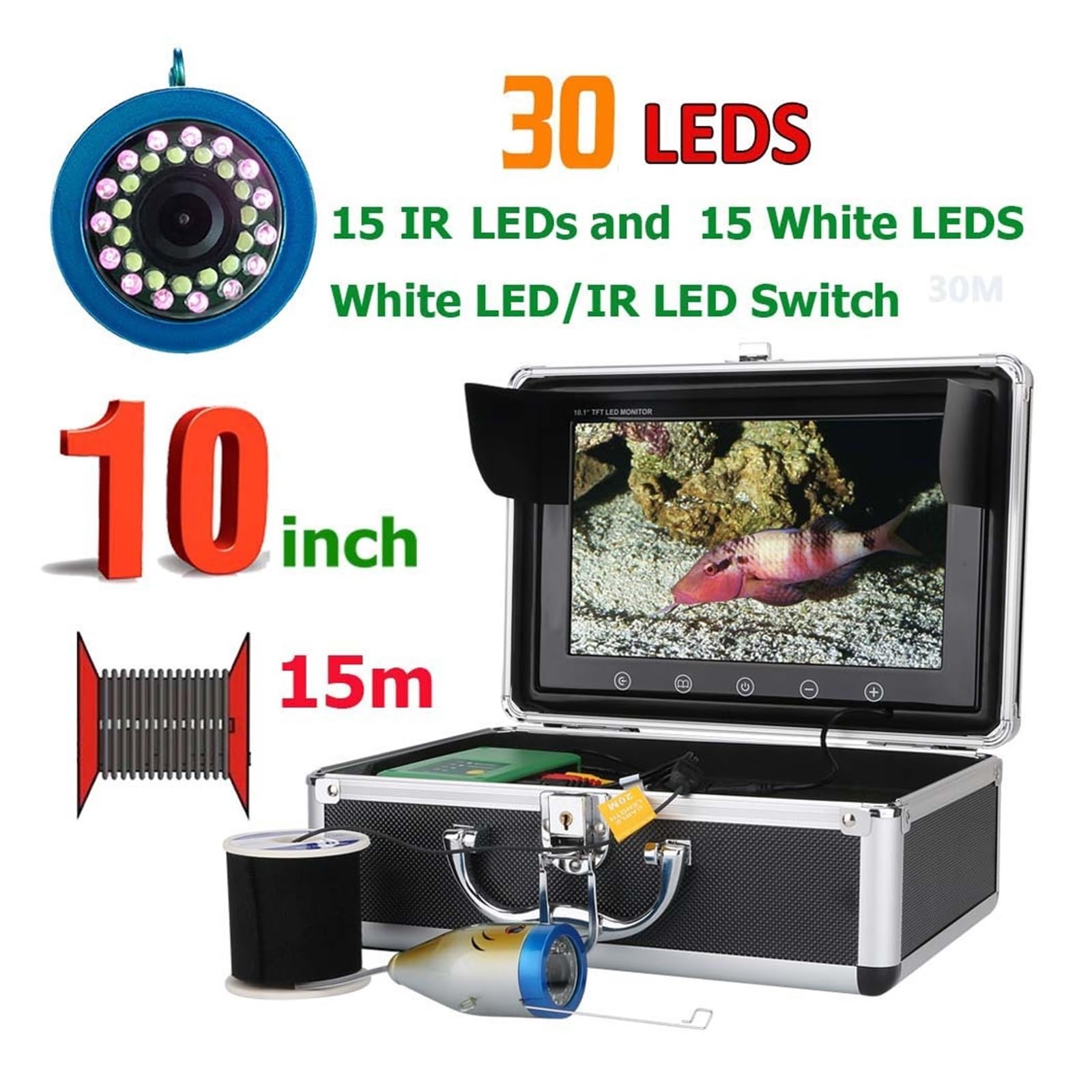 Underwater Fishing Camera with 15 White LEDs & 15 Infrared Lamps - 10inch 1000TVL HD Fish Finder for Ice, Sea, River Fishing - Perfect for Kayak, Boat & Ice Lake Fishing (15M Cable) | Ideal for Night Fishing, Deep Water Exploration & Underwater Wildlife Observation
