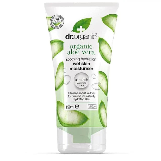 Dr Organic Wet Skin Moisturizer with Organic Aloe Vera - Hydrating Body Lotion for Dry Skin After Shower & Swimming | Natural Skincare for Men & Women