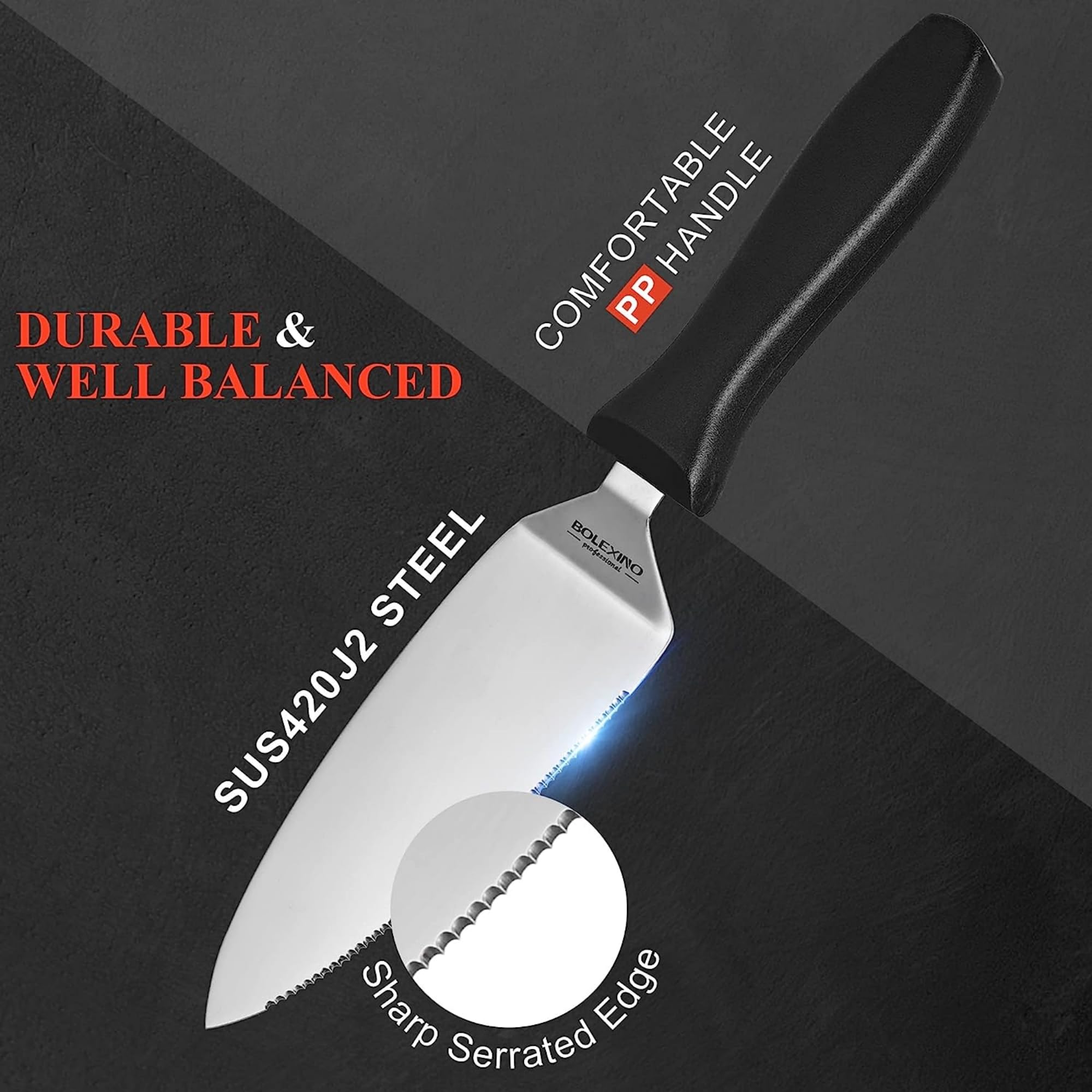 BOLEX 7 Inch Professional Stainless Steel Pie Server & Cake Cutter with Ergonomic Non-Slip Handle - Heavy Duty Pizza Spatula for Baking, Dessert Serving & Party Catering - Perfect for Weddings, BBQs and Holiday Gatherings