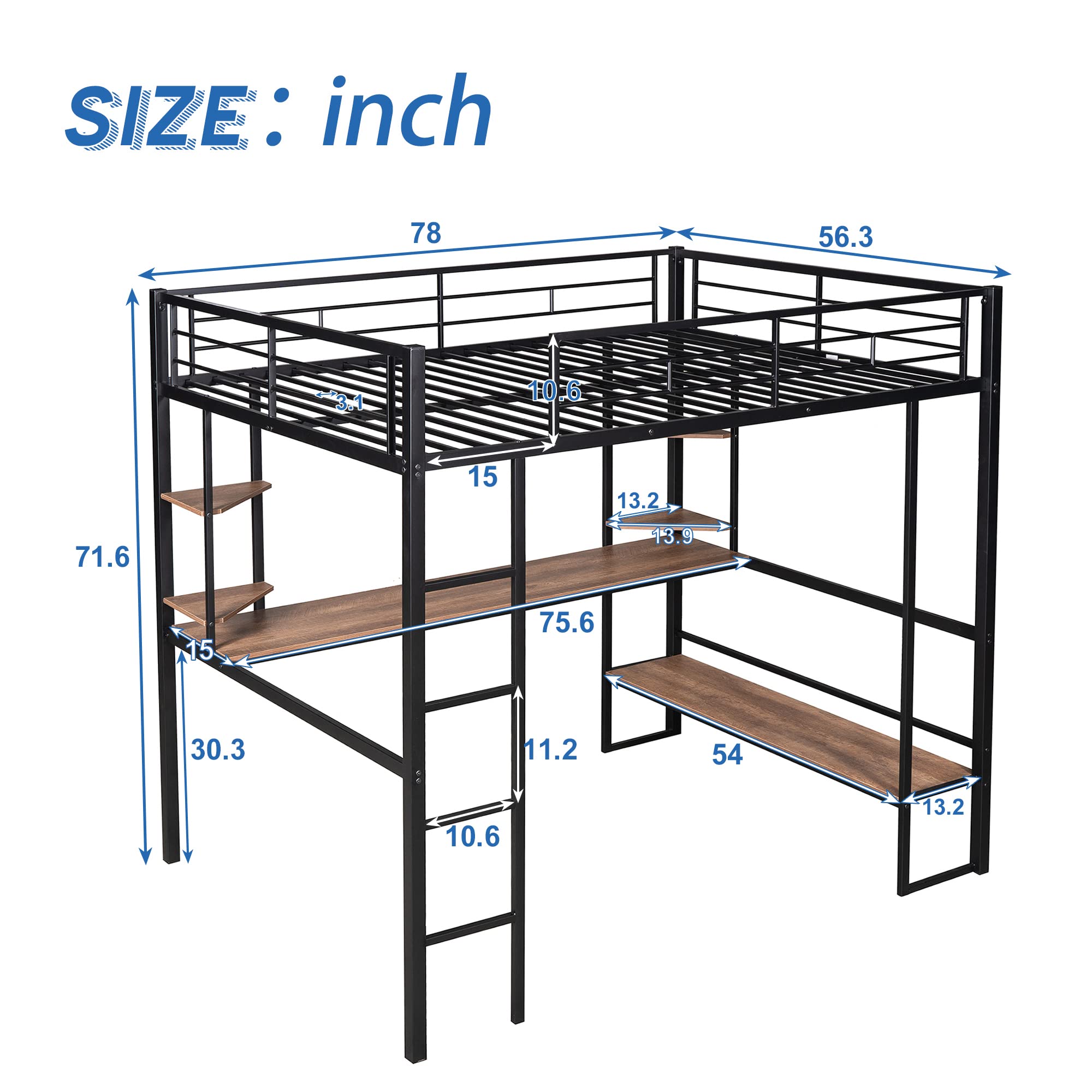 Harper & Bright Designs Full Metal Loft Bed Frame with Built-in Desk & Storage Shelves - Heavy Duty Steel Construction for Kids, Teens & Adults - Space-Saving Black Bedroom Furniture for Small Rooms, Dorms & Apartments