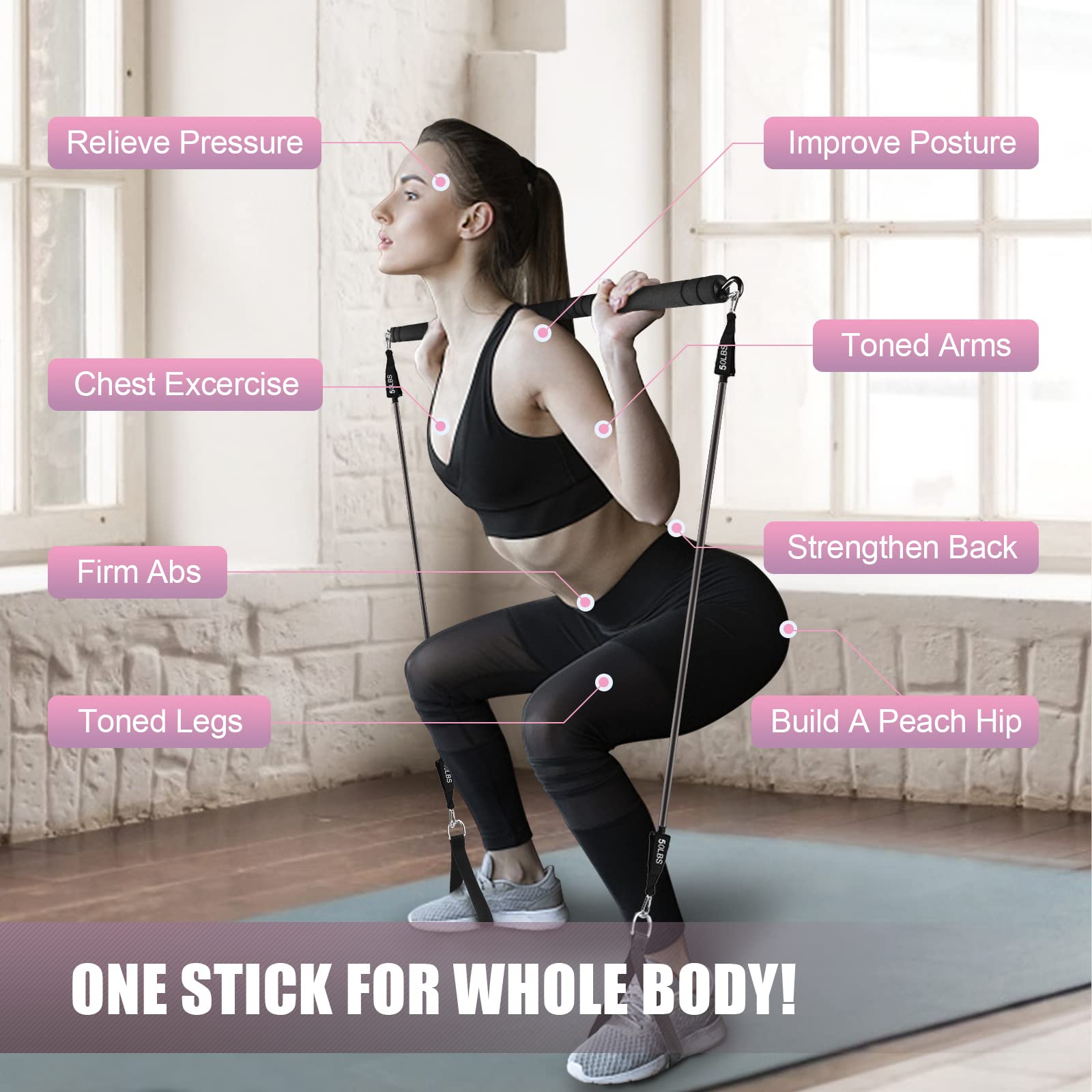 WeluvFit Pilates Bar Kit with Resistance Bands - Portable Home Gym Equipment for Women & Men - 3-Section Adjustable Yoga Stick & Flexbands for Full Body Workout - Perfect for Home Fitness, Pilates, Yoga & Strength Training